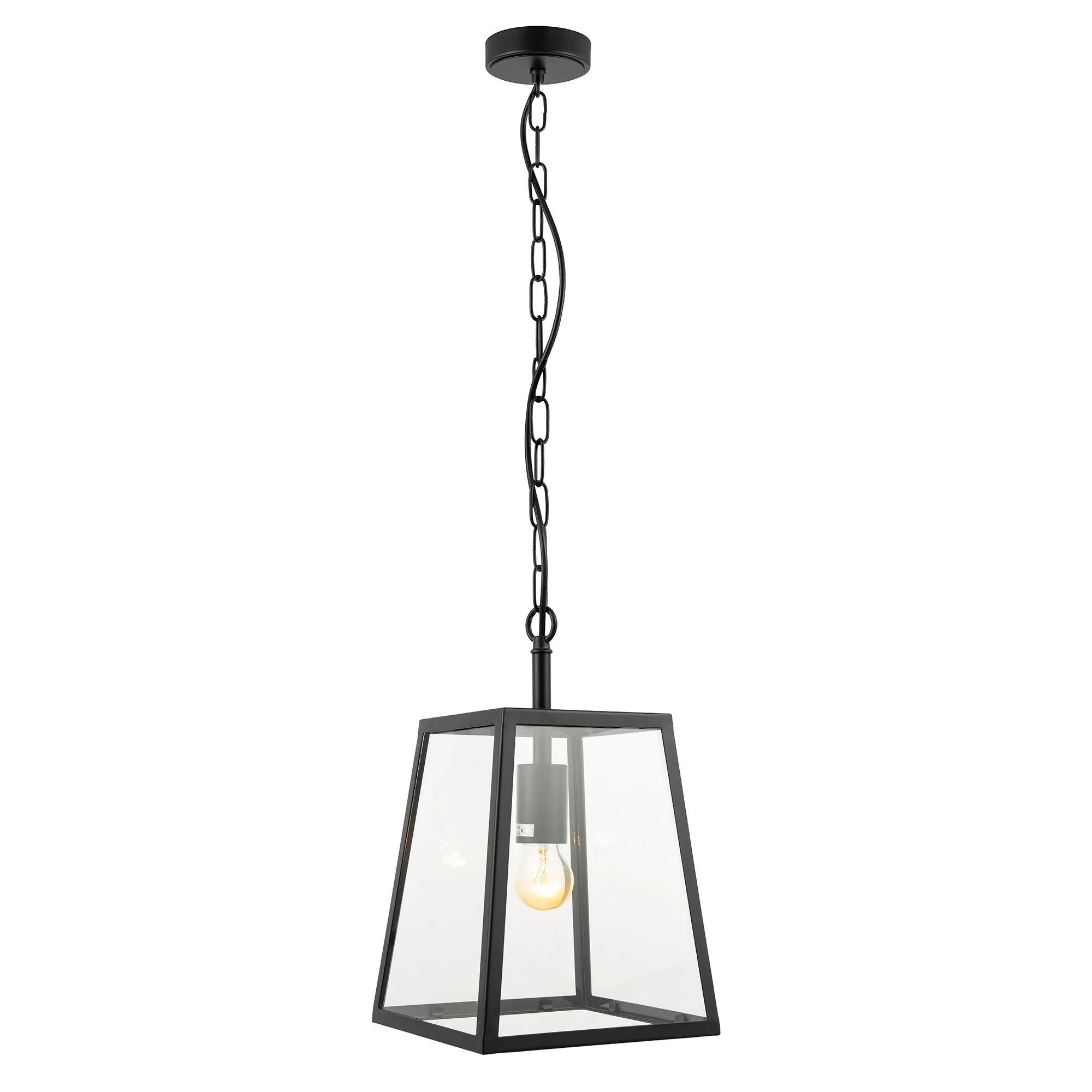 Classic Lantern Pendant Ceiling Light in Matte Black with Clear Glass Sides