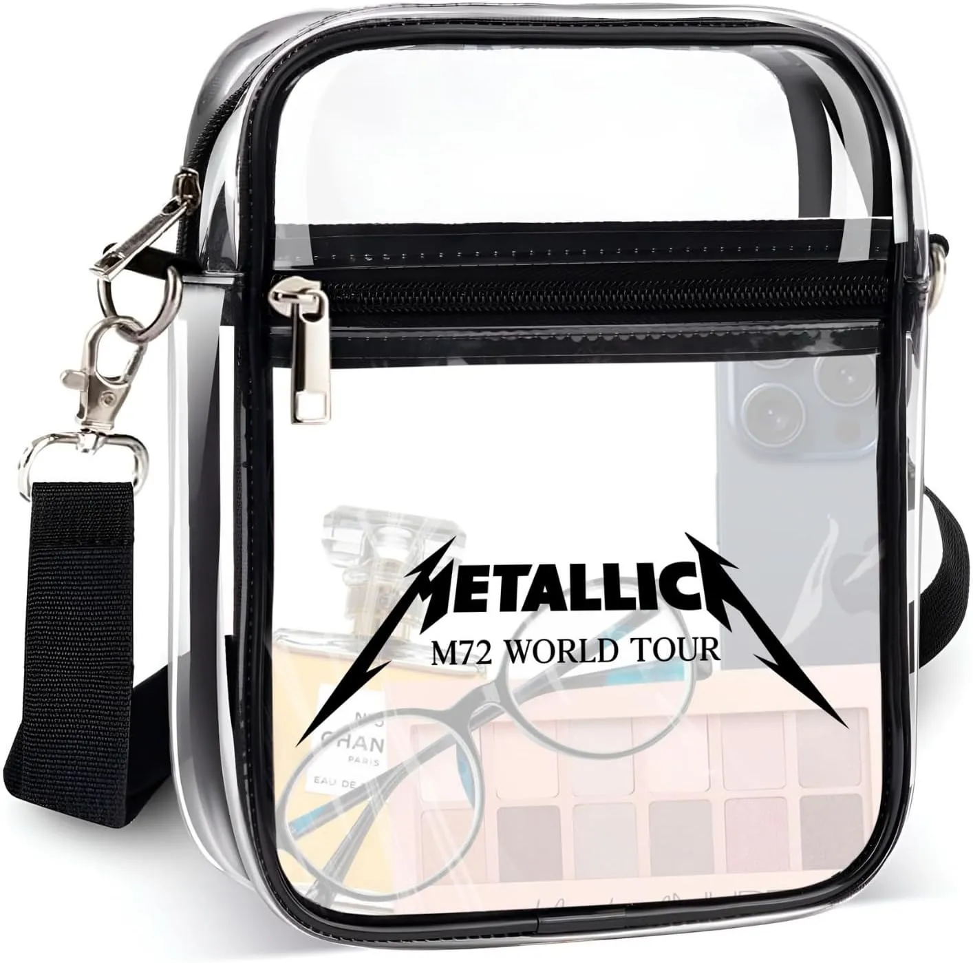 Clear Bag Stadium Approved for Metallica M72 World Tour Concert, Clear Crossbody Purse for Stadium Events Festival Concerts, Black