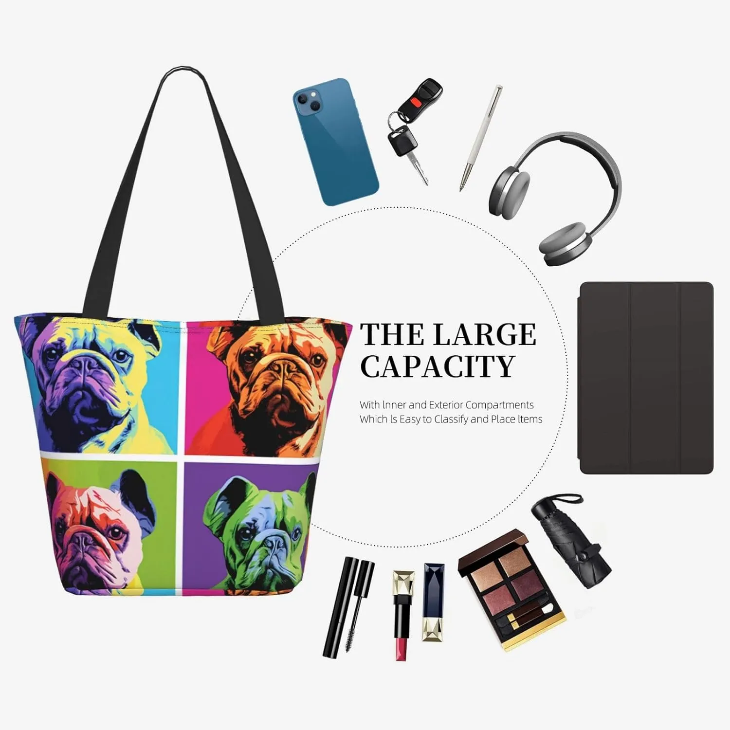 Colored Bulldog Women'S Multi-Faceted Shopping Bag, Lightweight, Large Capacity, Very Suitable For Daily Use
