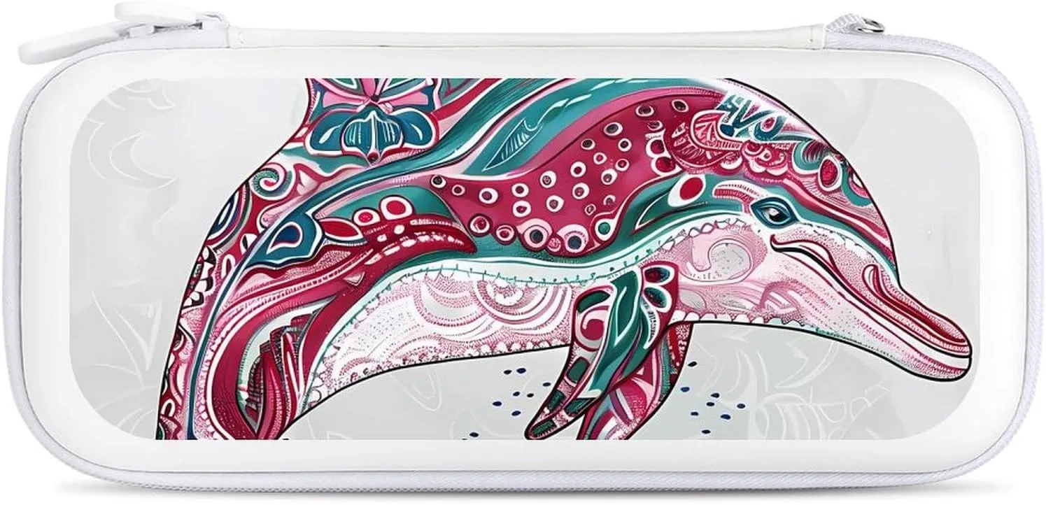 Colorful Dolphin with Stripes Hard Shell Travel Case with Rope 15 Game Card Pockets Compatible with Switch Protective