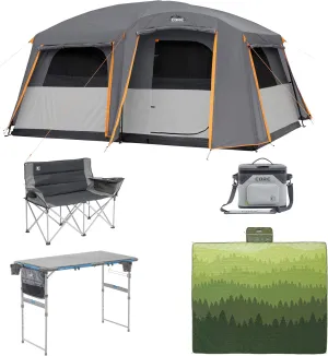 CORE 10 Person Straight Wall Cabin Tent with Full Rainfly Bundle with Camp Table, Loveseat, Blanket, and Cooler