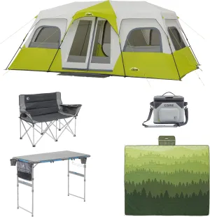 CORE 12 Person Instant Cabin Tent Bundle with Camp Table, Loveseat, Blanket, and Cooler