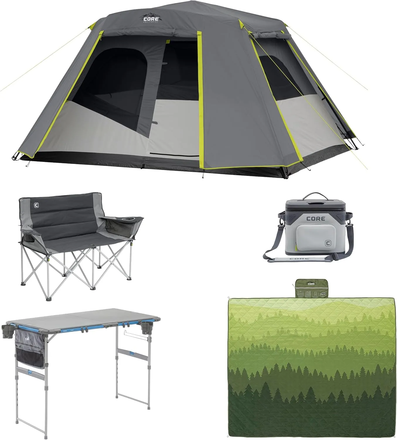 CORE 6 Person Instant Cabin Tent with Full Rainfly Bundle with Camp Table, Loveseat, Blanket, and Cooler