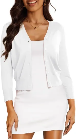 CPOKRTWSO Women's Cropped Cardigan 3/4 Sleeve Bolero Shrug for Dresses Lightweight Open Front Button Down Sweater