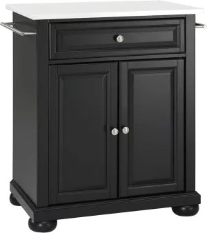 Crosley Furniture Alexandria Stone Top Small Portable Rolling Kitchen Island Storage Cart, Microwave Stand, Black