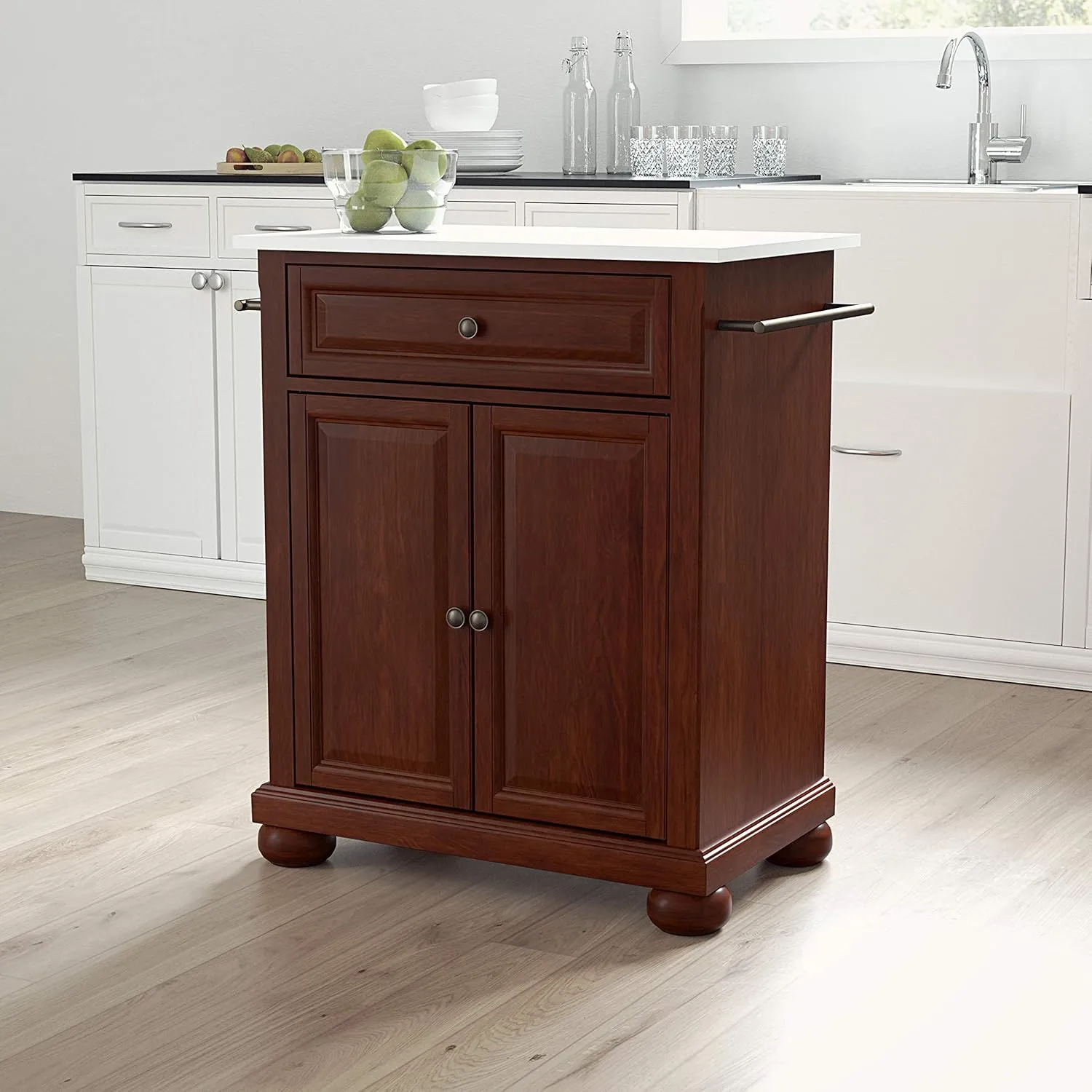 Crosley Furniture Alexandria Stone Top Small Portable Rolling Kitchen Island Storage Cart, Microwave Stand, Mahogany
