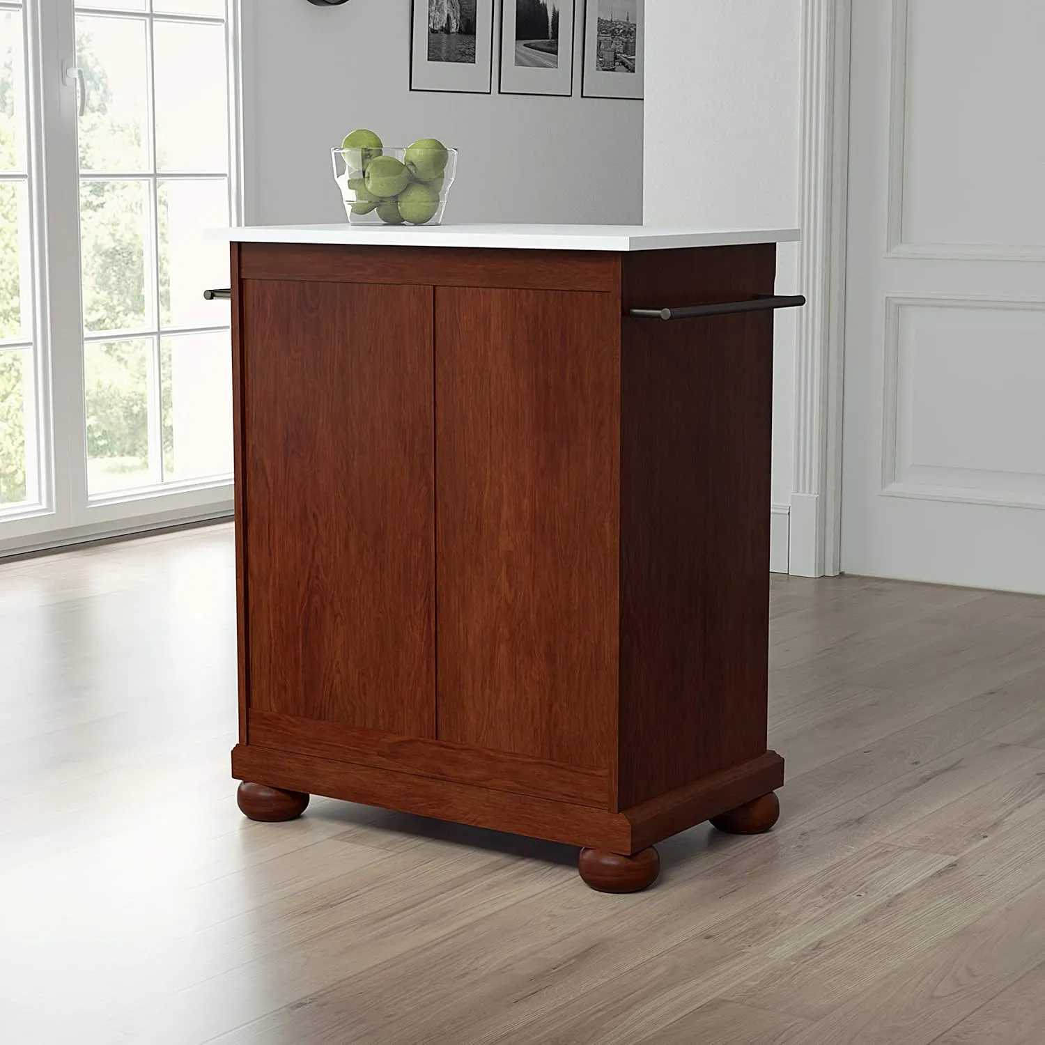 Crosley Furniture Alexandria Stone Top Small Portable Rolling Kitchen Island Storage Cart, Microwave Stand, Mahogany