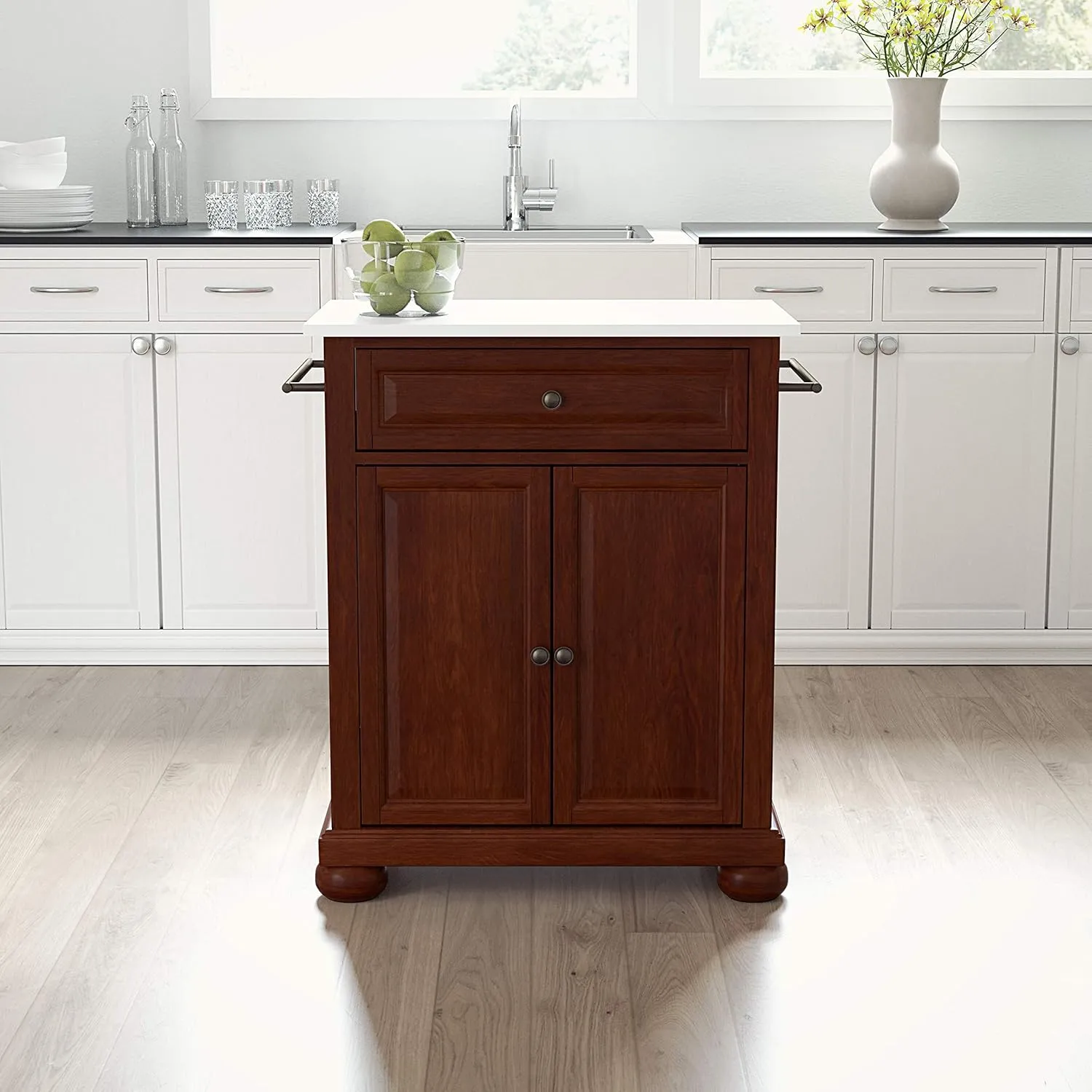 Crosley Furniture Alexandria Stone Top Small Portable Rolling Kitchen Island Storage Cart, Microwave Stand, Mahogany