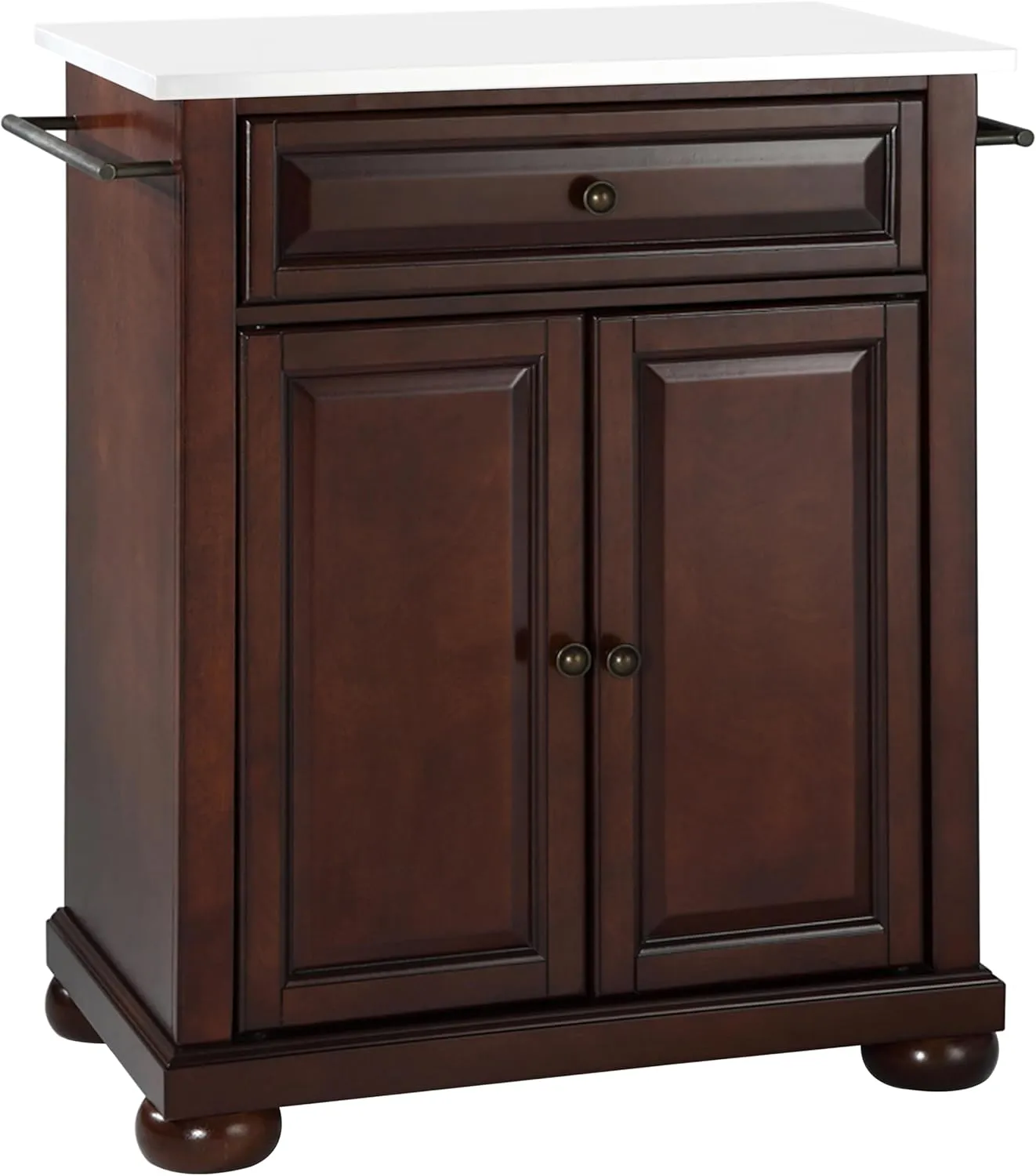 Crosley Furniture Alexandria Stone Top Small Portable Rolling Kitchen Island Storage Cart, Microwave Stand, Mahogany