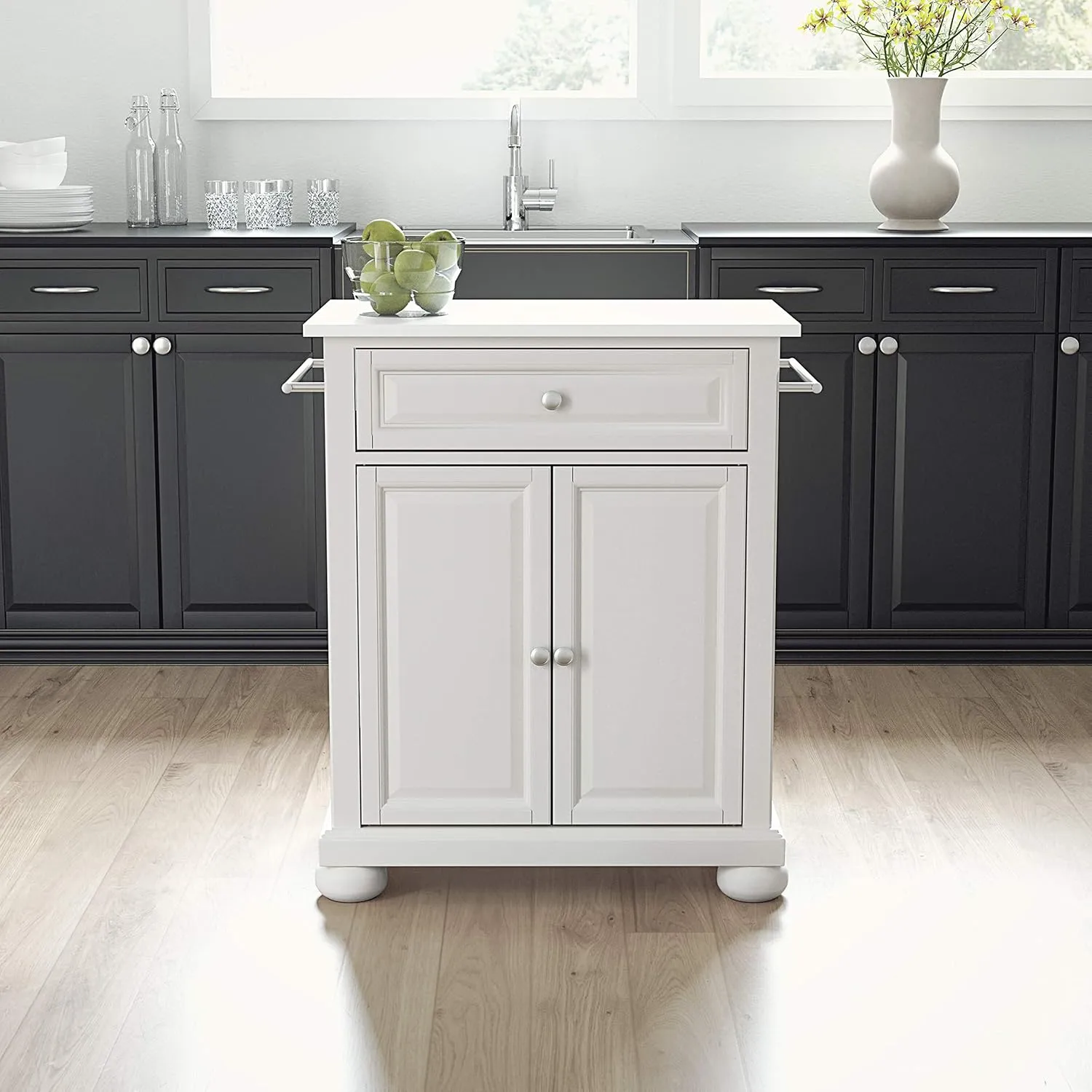 Crosley Furniture Alexandria Stone Top Small Portable Rolling Kitchen Island Storage Cart, Microwave Stand, White