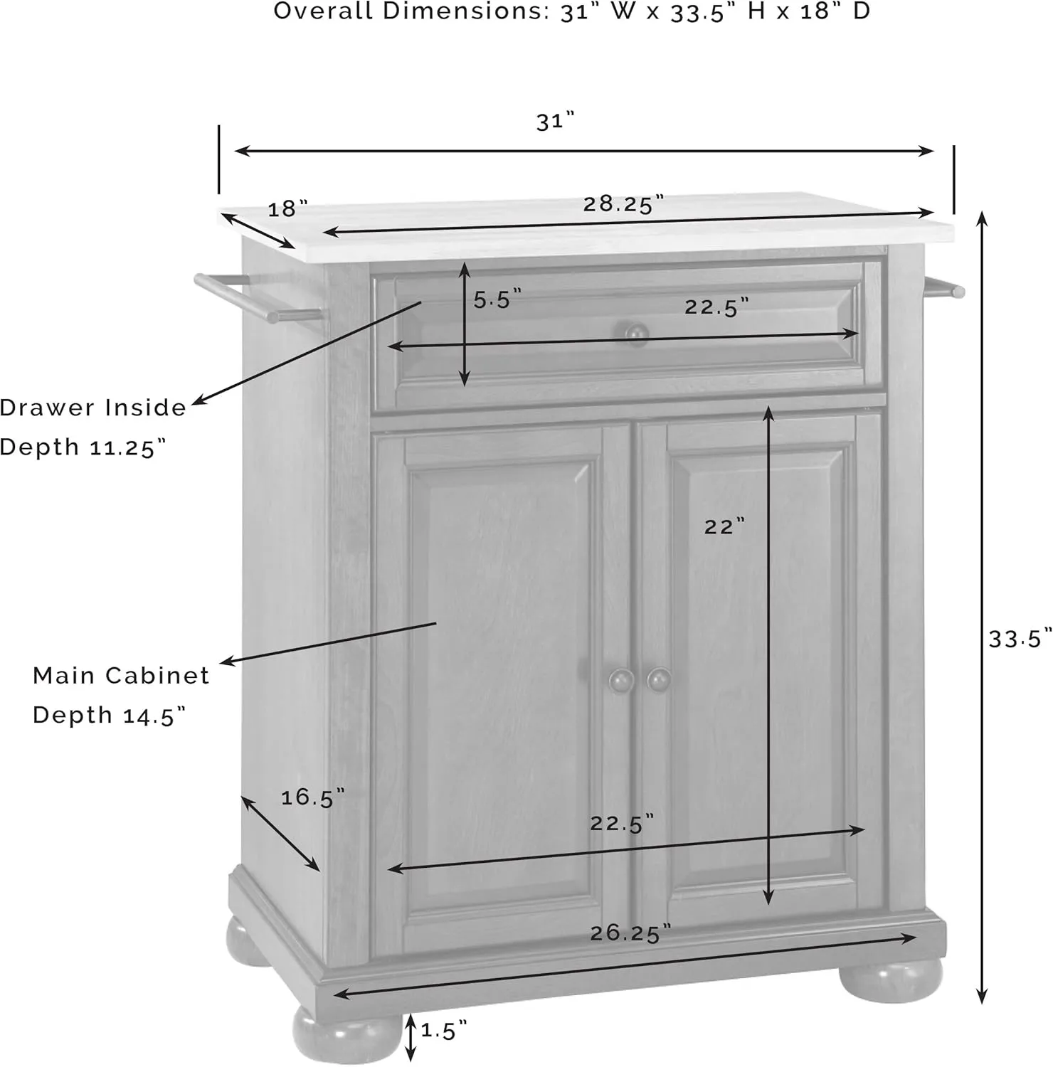 Crosley Furniture Alexandria Stone Top Small Portable Rolling Kitchen Island Storage Cart, Microwave Stand, White