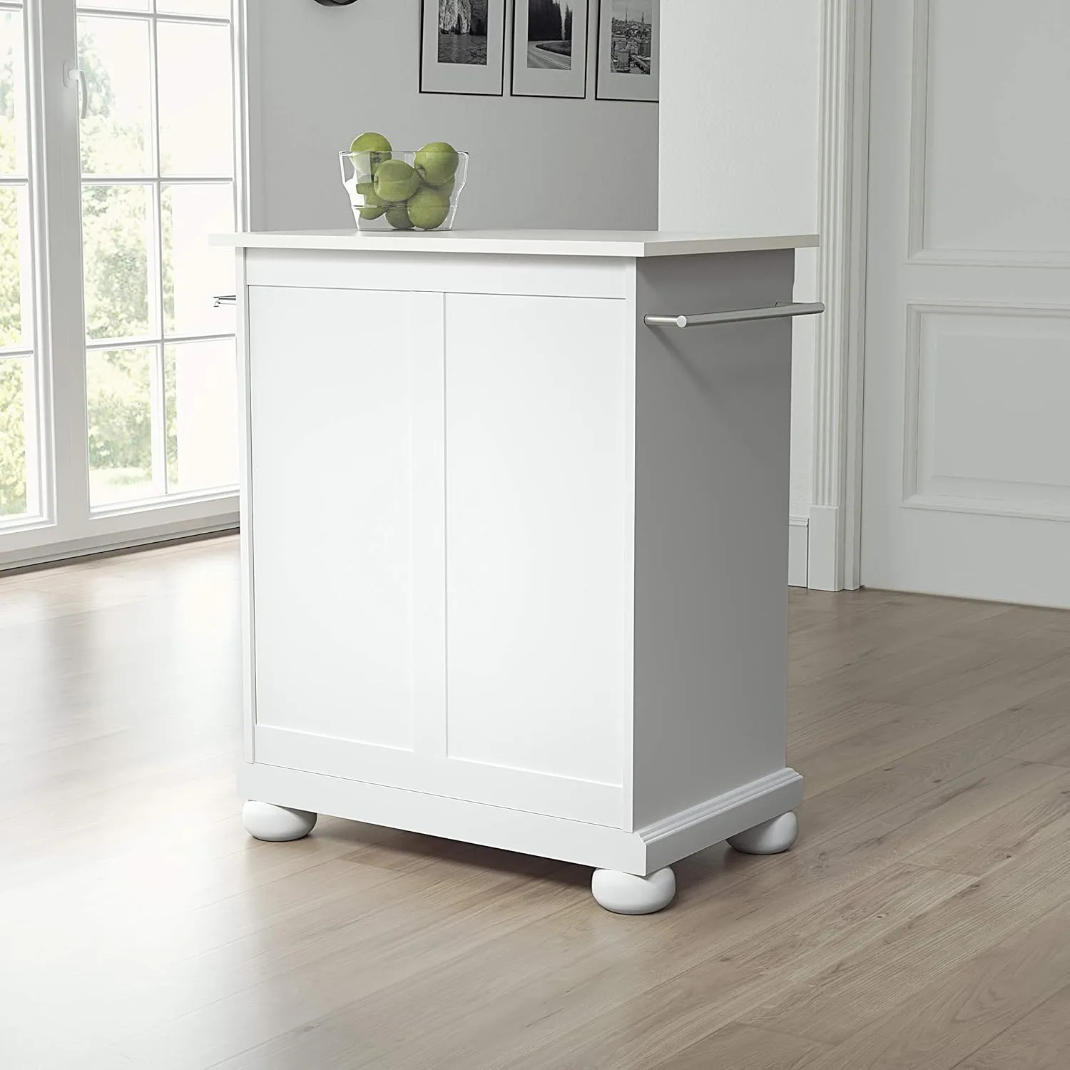 Crosley Furniture Alexandria Stone Top Small Portable Rolling Kitchen Island Storage Cart, Microwave Stand, White