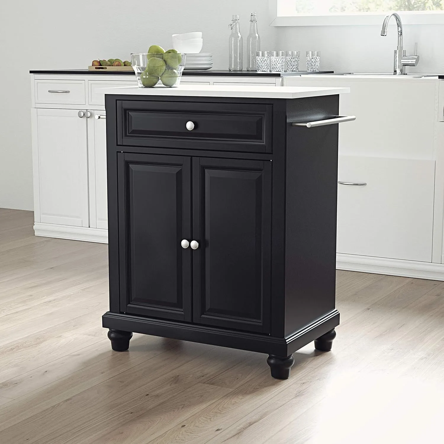 Crosley Furniture Cambridge Stone Top Small Portable Rolling Kitchen Island Storage Cart, Microwave Stand, Black