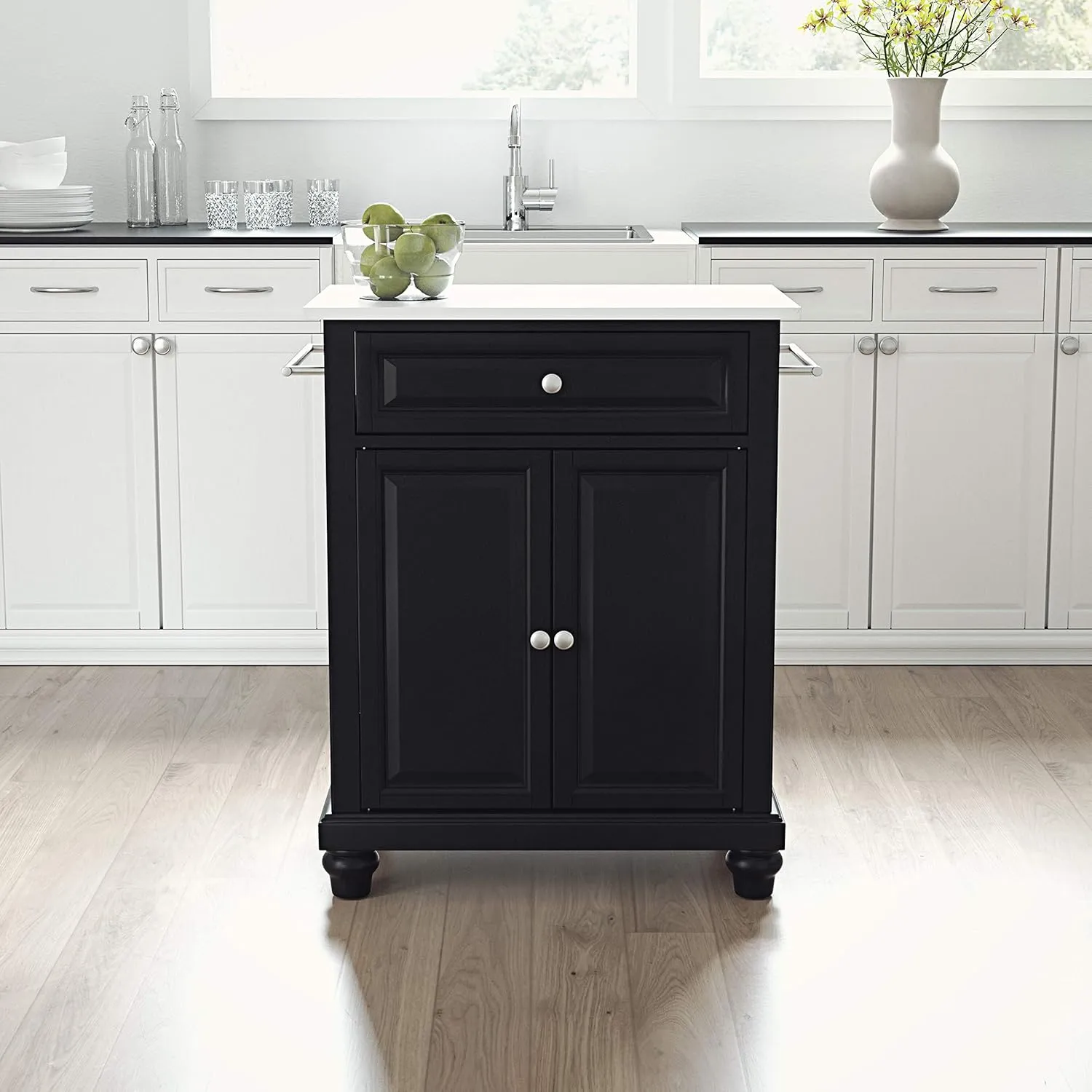 Crosley Furniture Cambridge Stone Top Small Portable Rolling Kitchen Island Storage Cart, Microwave Stand, Black