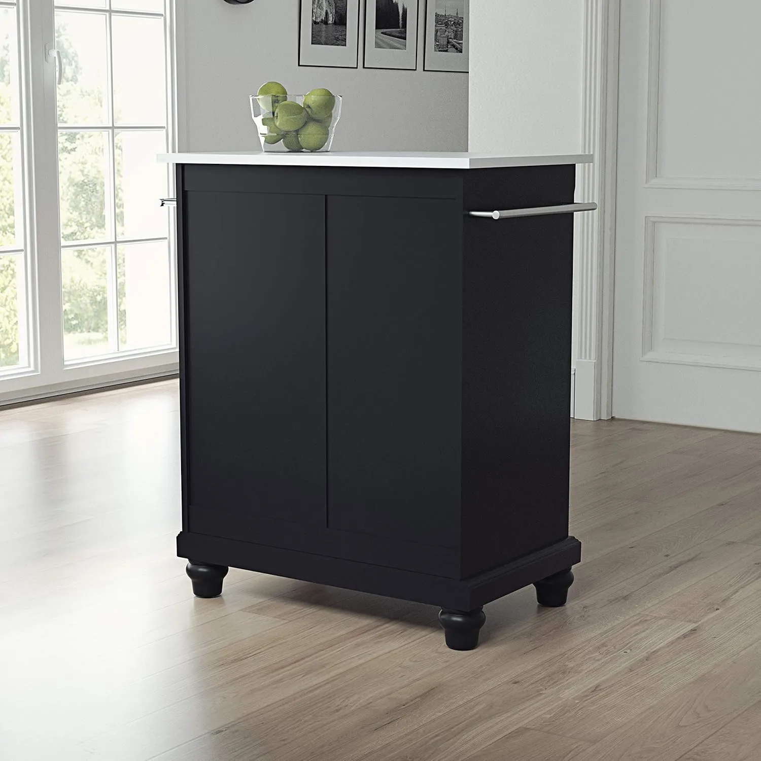 Crosley Furniture Cambridge Stone Top Small Portable Rolling Kitchen Island Storage Cart, Microwave Stand, Black