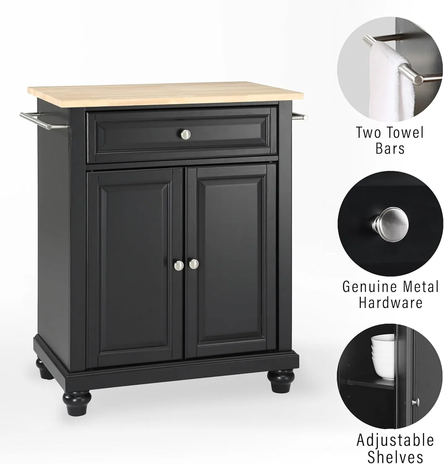 Crosley Furniture Cambridge Wood Top Small Portable Rolling Kitchen Island Storage Cart, Microwave Stand, Black