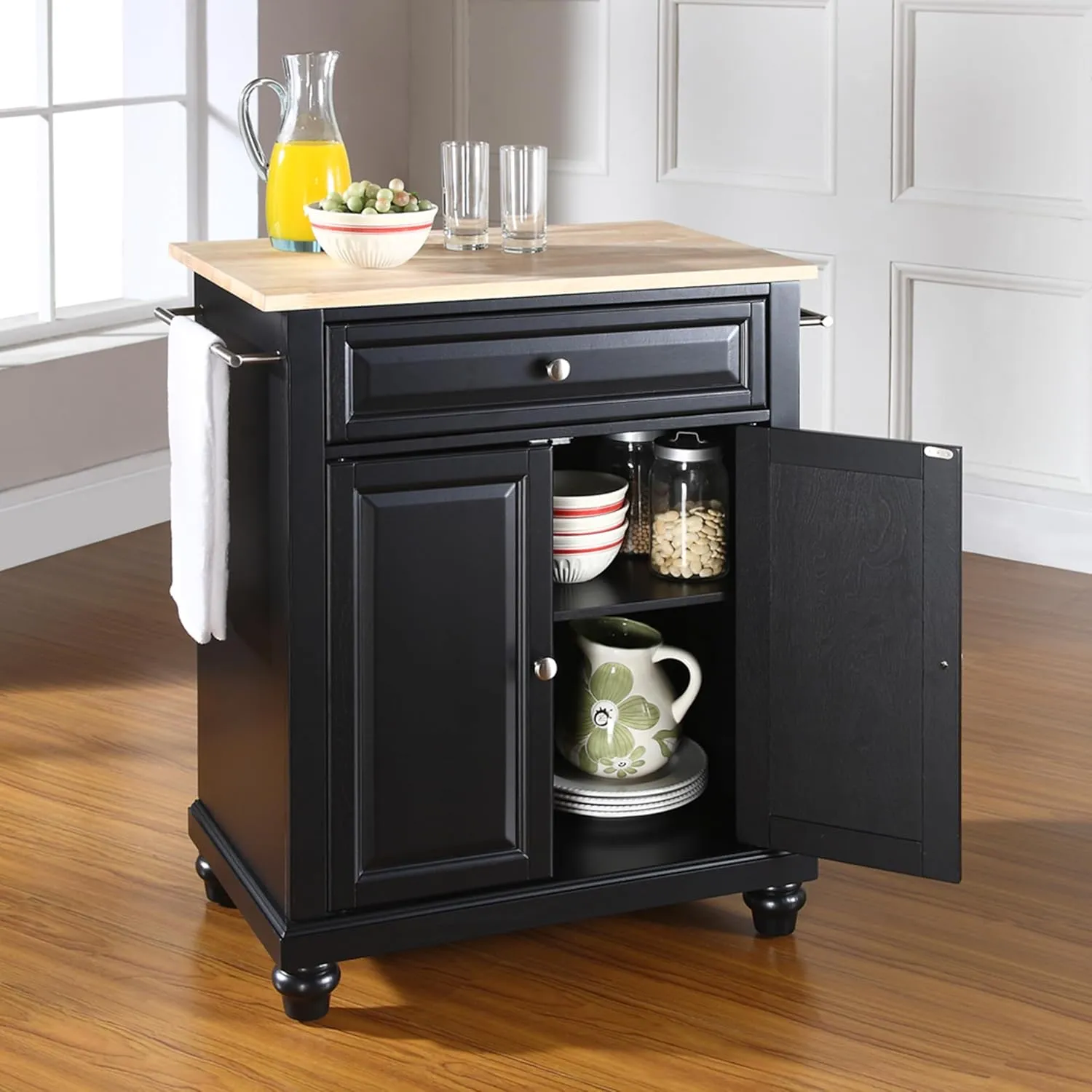 Crosley Furniture Cambridge Wood Top Small Portable Rolling Kitchen Island Storage Cart, Microwave Stand, Black