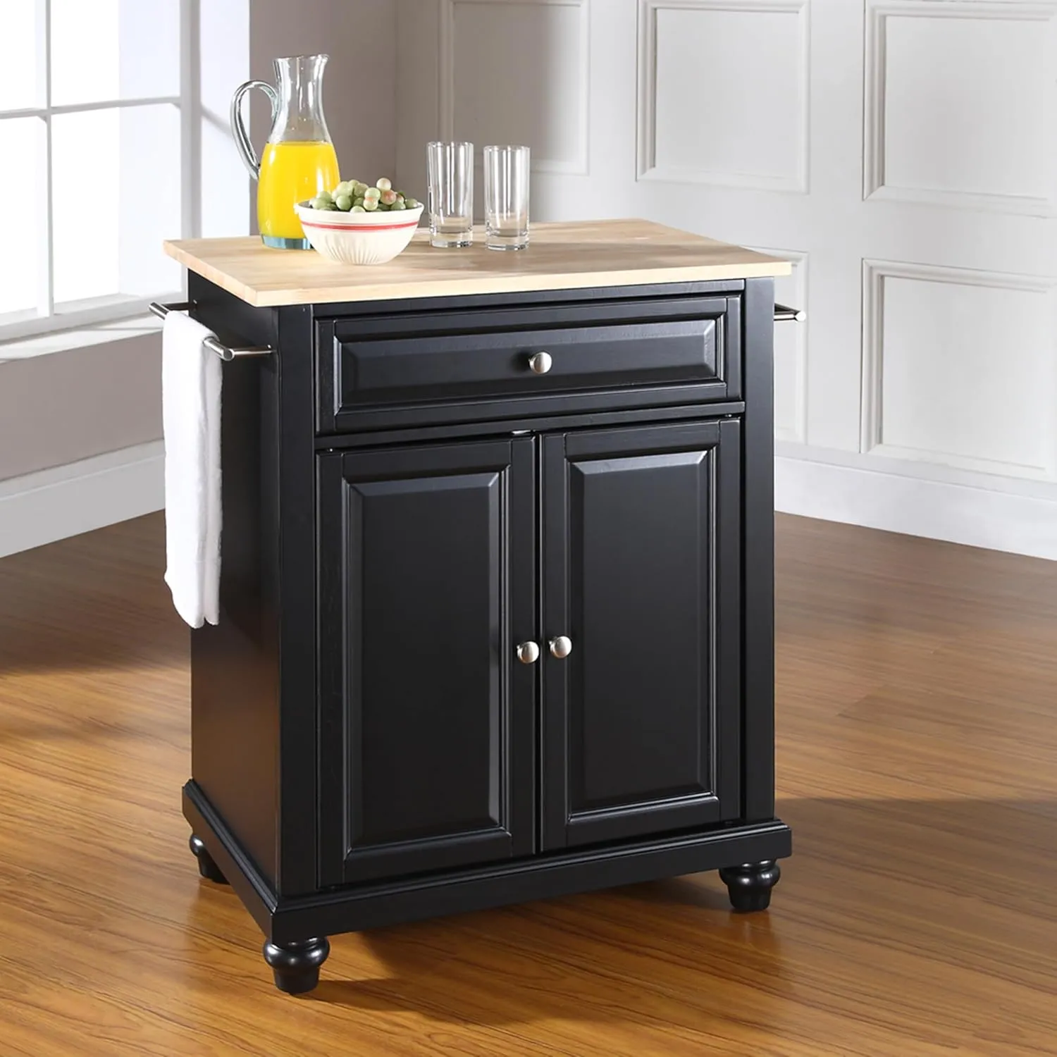 Crosley Furniture Cambridge Wood Top Small Portable Rolling Kitchen Island Storage Cart, Microwave Stand, Black
