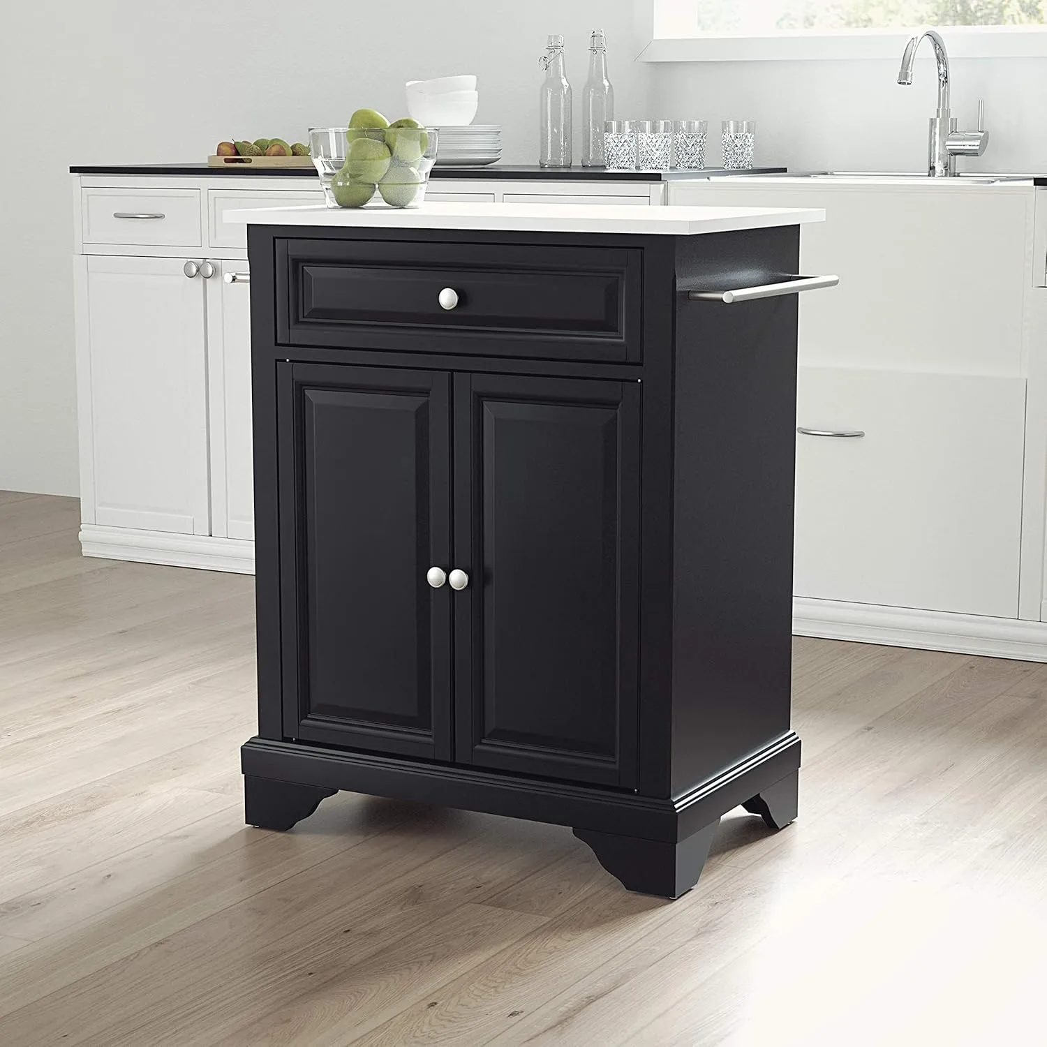 Crosley Furniture Lafayette Stone Top Small Portable Rolling Kitchen Island Storage Cart, Microwave Stand, Black