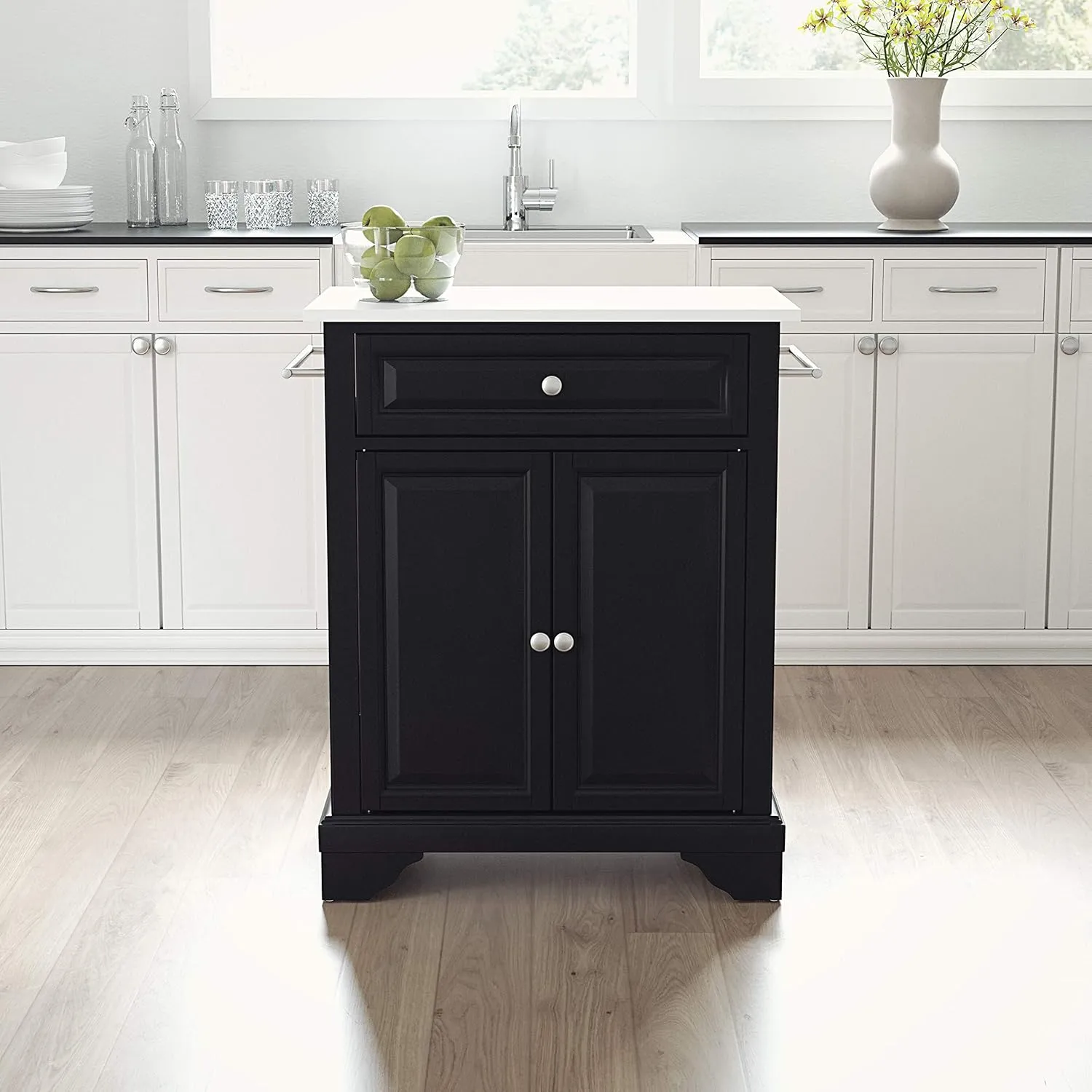 Crosley Furniture Lafayette Stone Top Small Portable Rolling Kitchen Island Storage Cart, Microwave Stand, Black