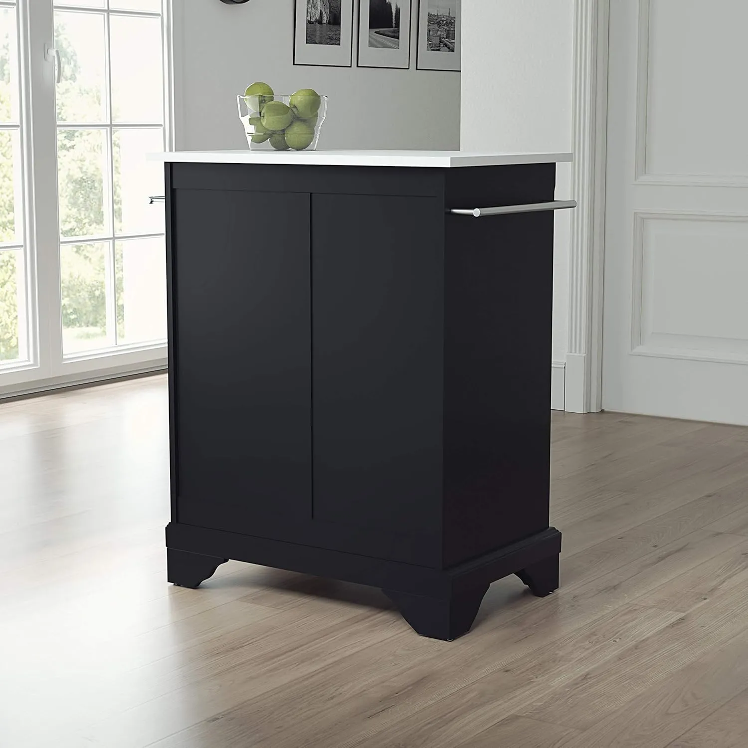 Crosley Furniture Lafayette Stone Top Small Portable Rolling Kitchen Island Storage Cart, Microwave Stand, Black