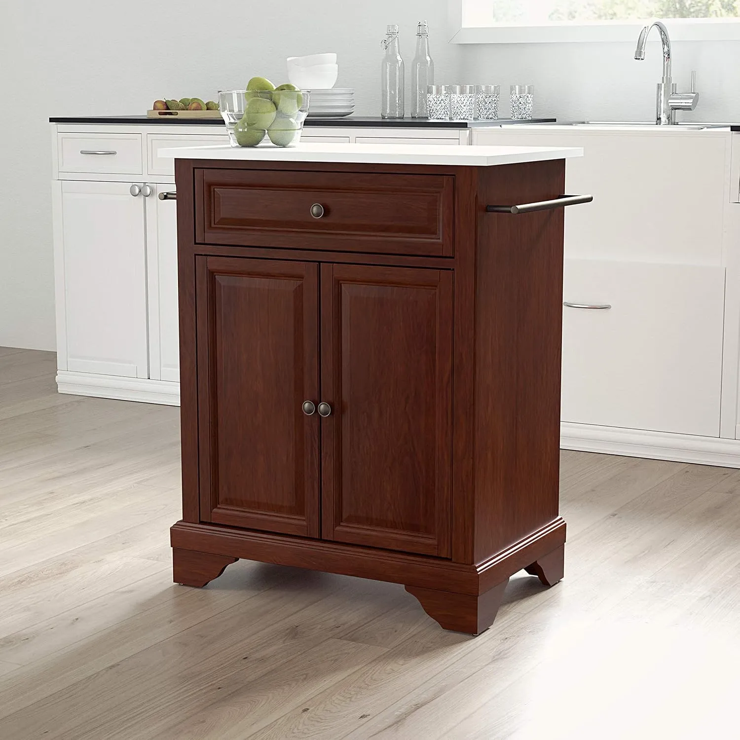 Crosley Furniture Lafayette Stone Top Small Portable Rolling Kitchen Island Storage Cart, Microwave Stand, Mahogany