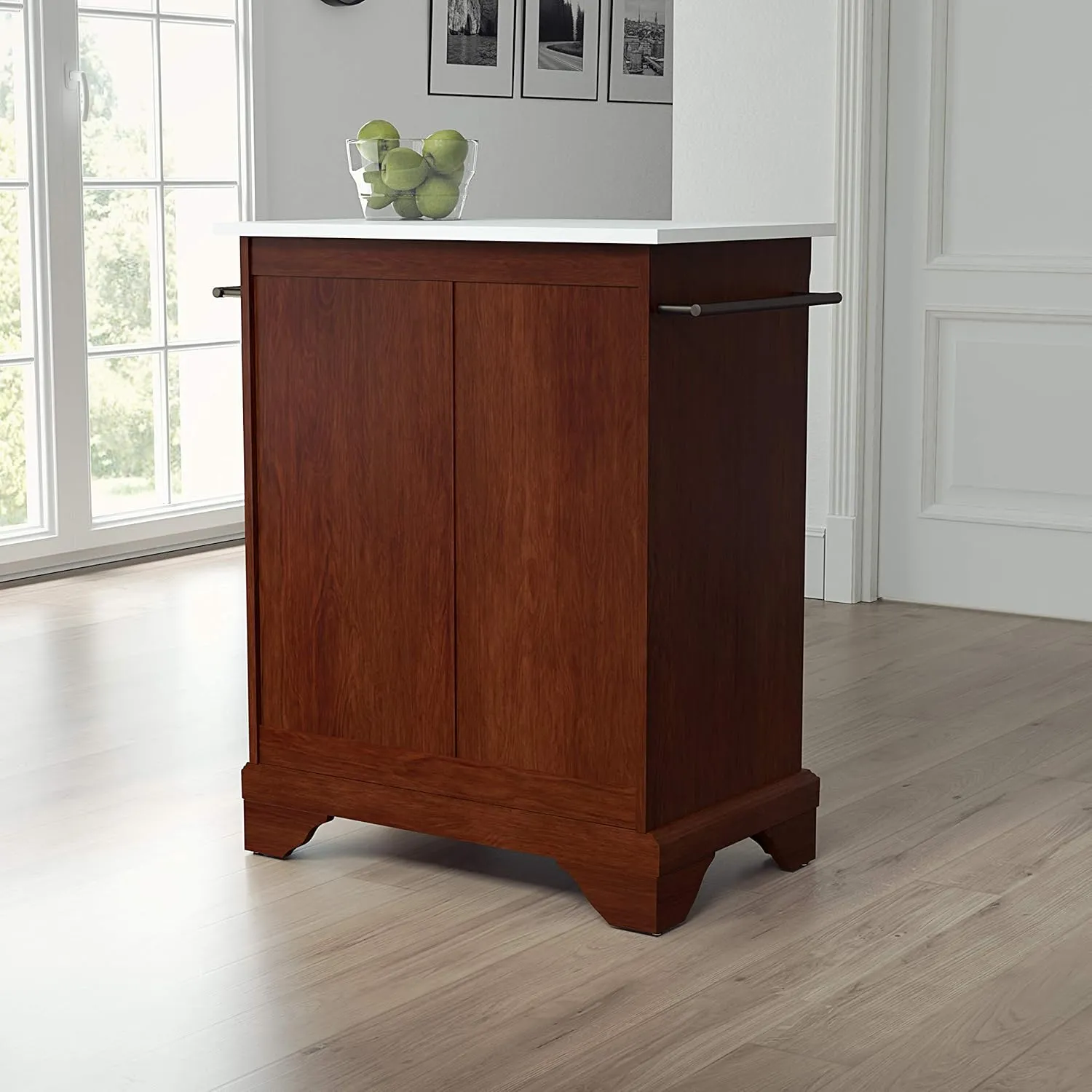 Crosley Furniture Lafayette Stone Top Small Portable Rolling Kitchen Island Storage Cart, Microwave Stand, Mahogany