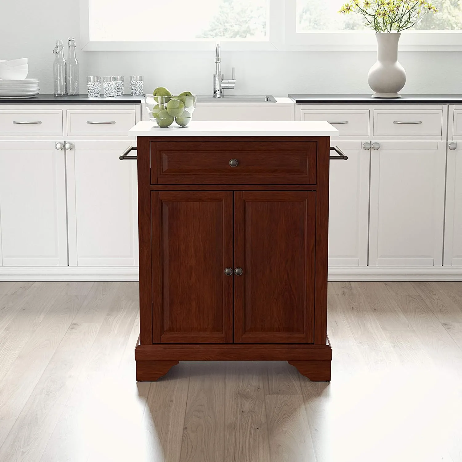Crosley Furniture Lafayette Stone Top Small Portable Rolling Kitchen Island Storage Cart, Microwave Stand, Mahogany