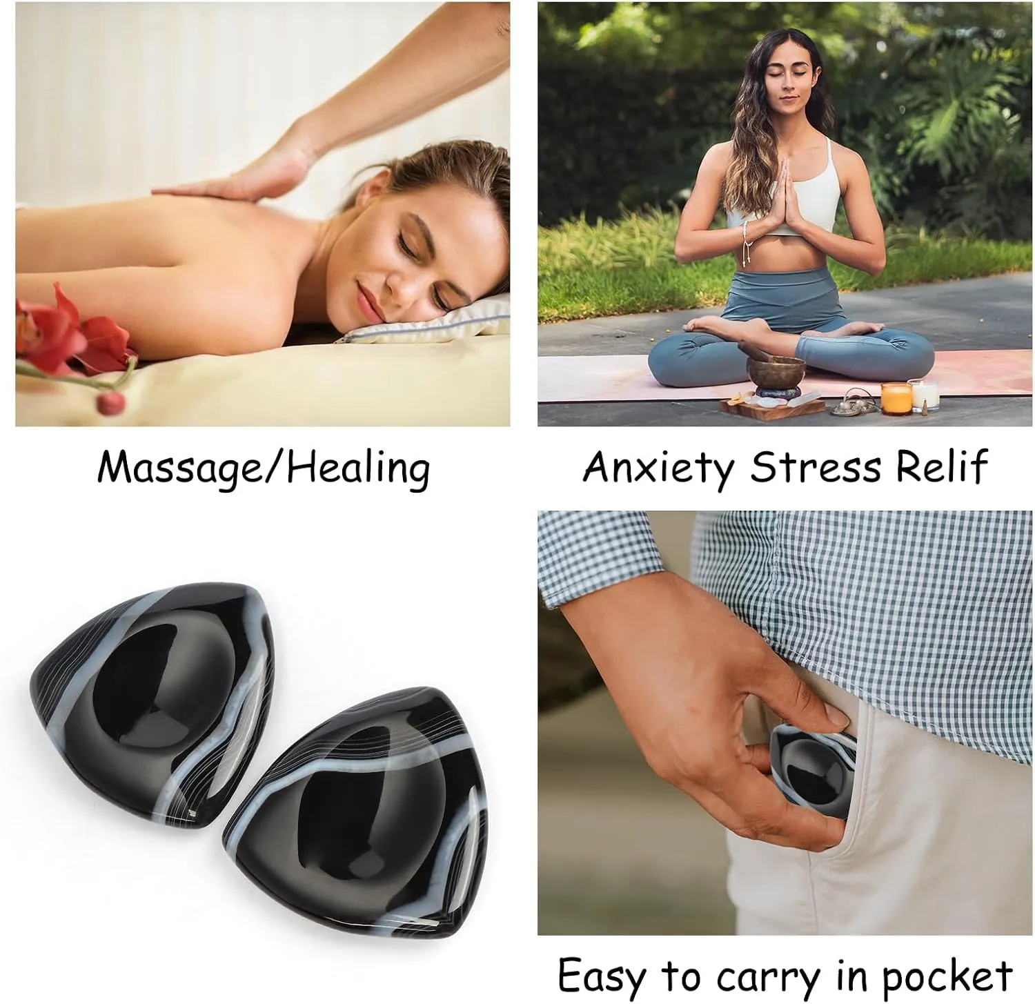 Crystal Thumb Worry Stone Black Banded Agate 1.6" Triangle Chakra Healing Reiki Pocket Palm Stones for Anxiety Stress Meditation, 2 Pieces