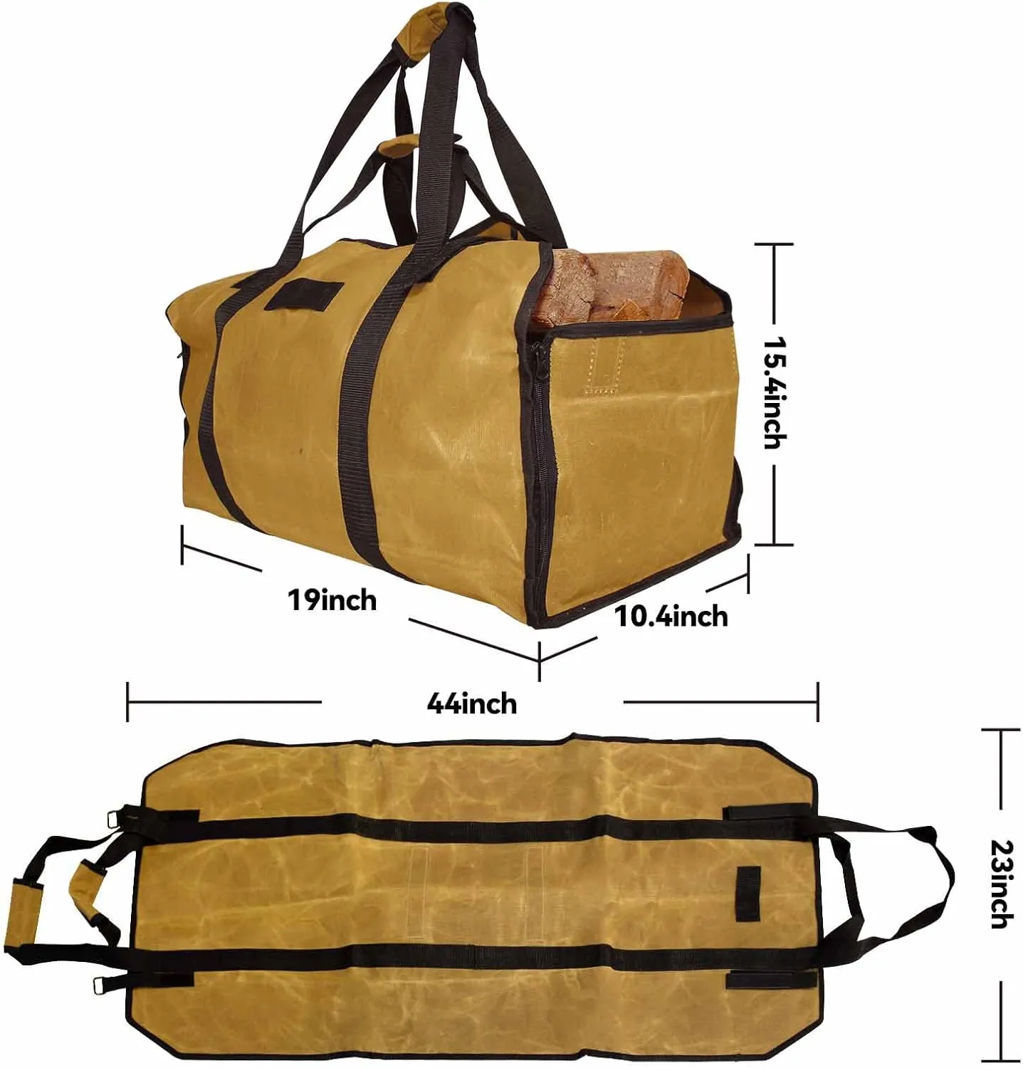 Cupohus Extra Large 2in1 Firewood Carrier Waxed Canvas Bag 44”x23”, Heavy Duty Log Holder Tote Bag with Handles and Shoulder Strap for Indoor Fireplace Wood Stove Accessories, Outdoor Camping (Khaki)