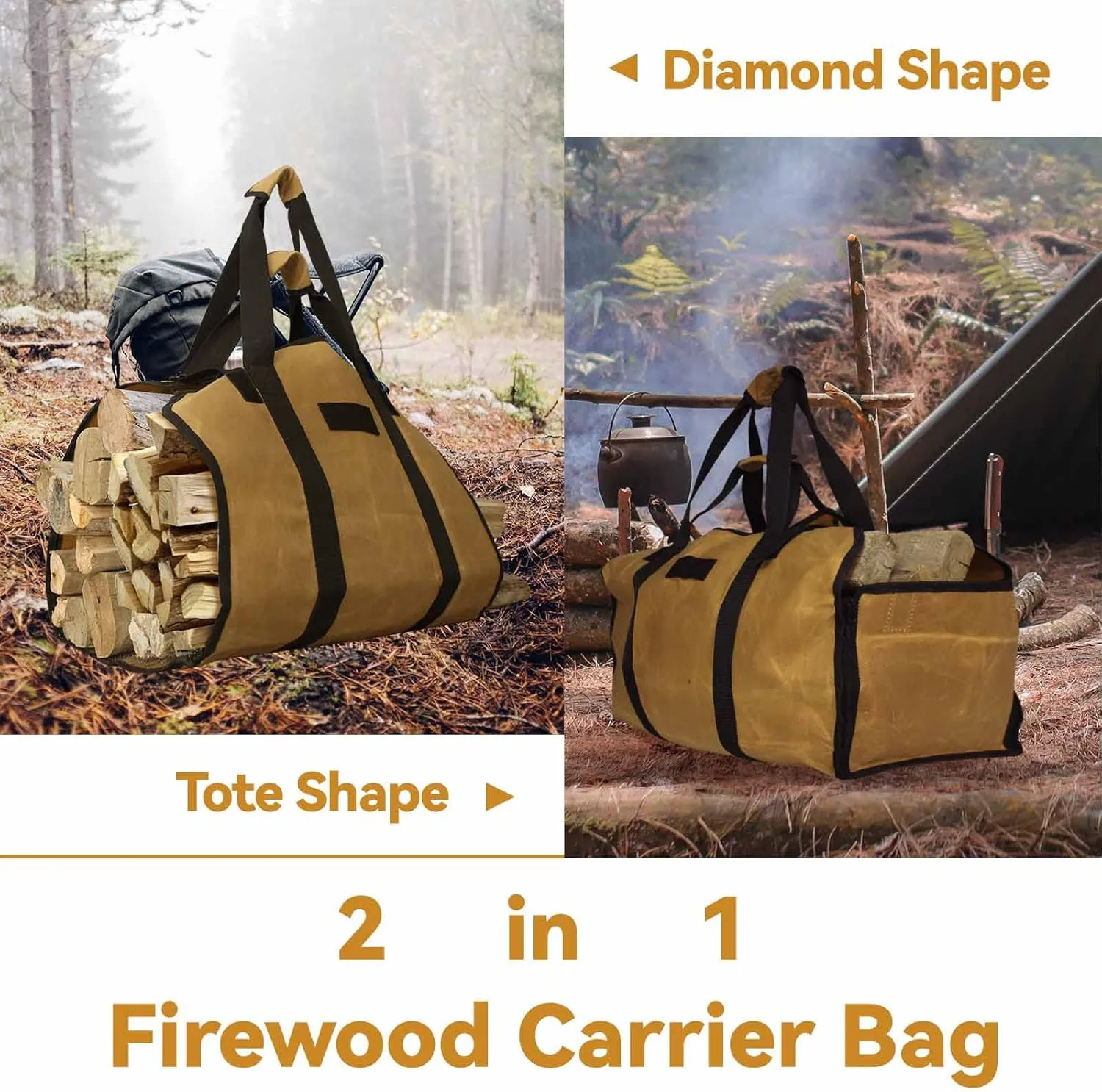 Cupohus Extra Large 2in1 Firewood Carrier Waxed Canvas Bag 44”x23”, Heavy Duty Log Holder Tote Bag with Handles and Shoulder Strap for Indoor Fireplace Wood Stove Accessories, Outdoor Camping (Khaki)