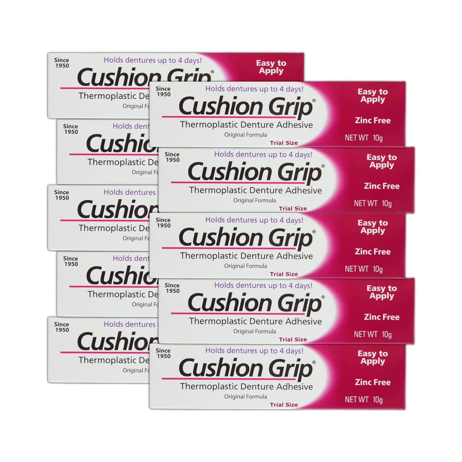 Cushion Grip Thermoplastic Denture Adhesive, 0.35 oz Travel Size (Pack of 10) | Refits and Tightens Loose Dentures On The Go | Non-Glue Adhesive, Acts Like a Soft Reliner