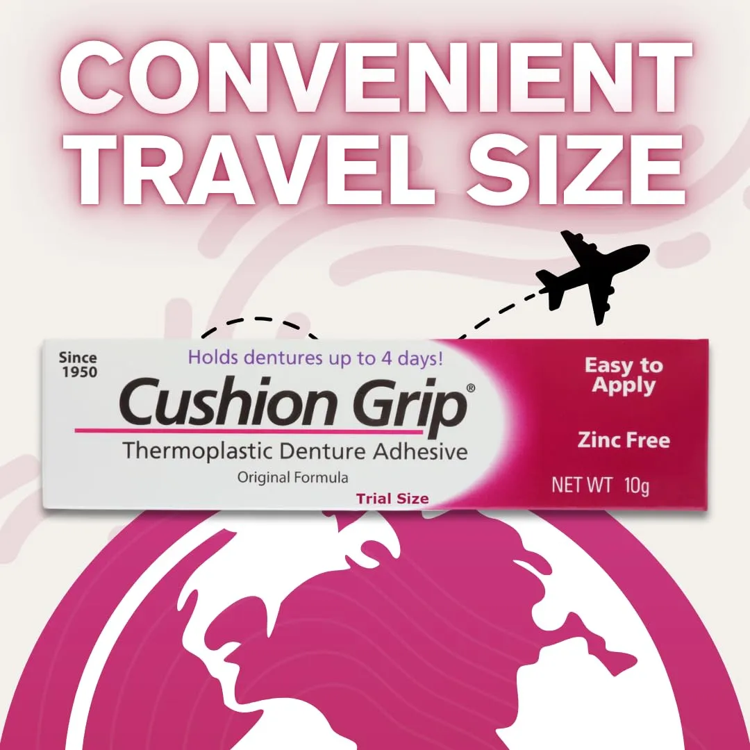 Cushion Grip Thermoplastic Denture Adhesive, 0.35 oz Travel Size (Pack of 10) | Refits and Tightens Loose Dentures On The Go | Non-Glue Adhesive, Acts Like a Soft Reliner