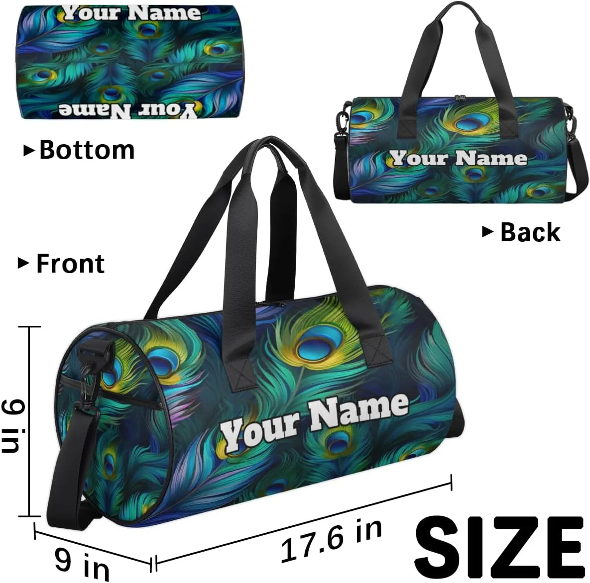 Custom Gym Bag for Women Men with Name, Personalized Colorful Feather Duffel Bag for Sports, Waterproof Dance Bag, Lightweight Carryon Gym Bag, Peacock