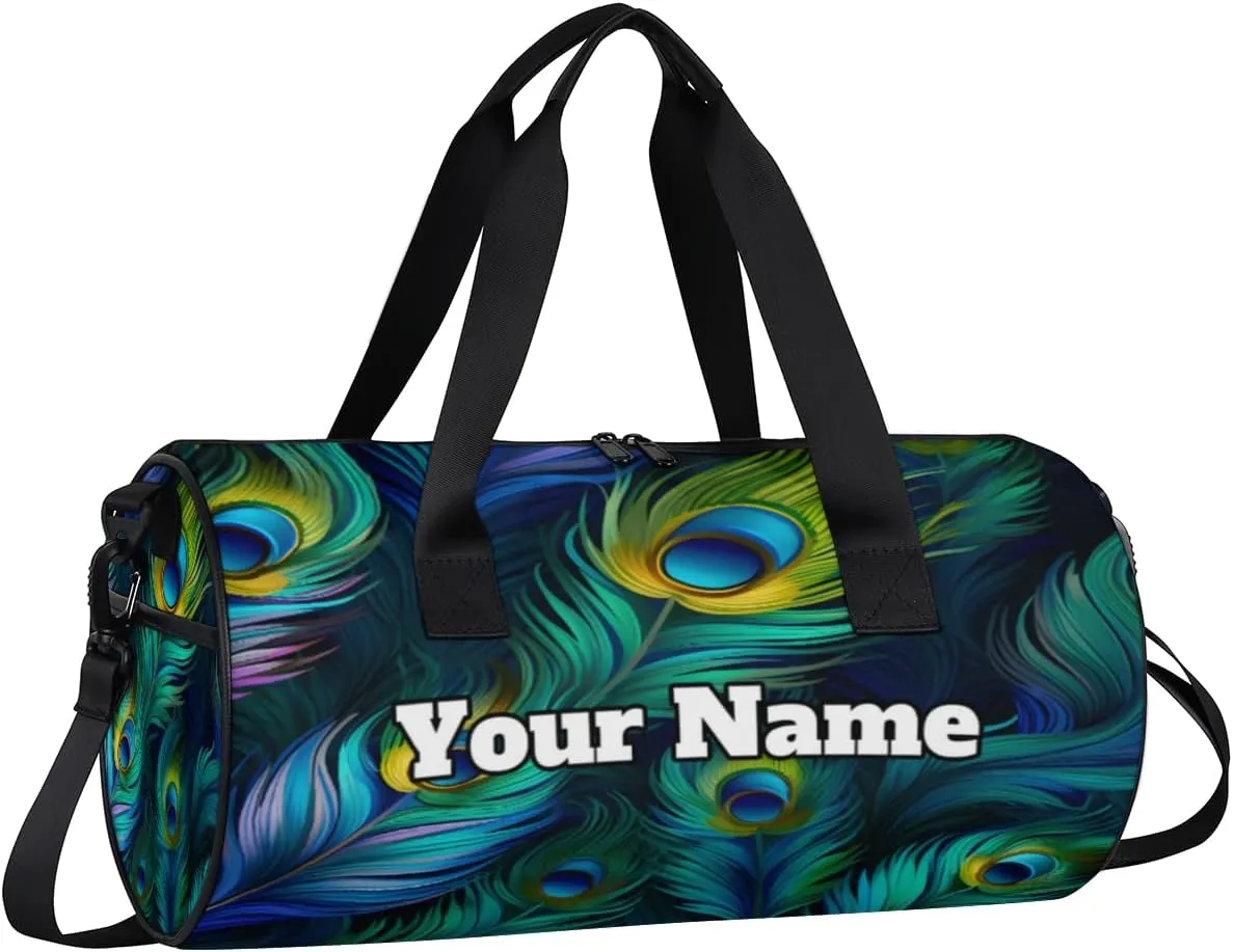 Custom Gym Bag for Women Men with Name, Personalized Colorful Feather Duffel Bag for Sports, Waterproof Dance Bag, Lightweight Carryon Gym Bag, Peacock