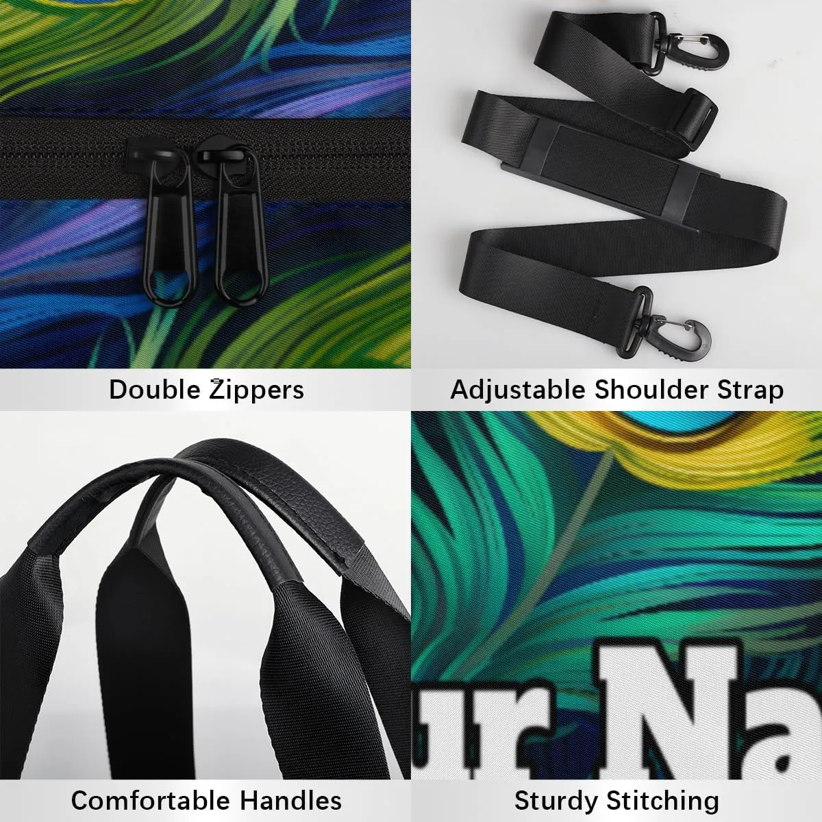 Custom Gym Bag for Women Men with Name, Personalized Colorful Feather Duffel Bag for Sports, Waterproof Dance Bag, Lightweight Carryon Gym Bag, Peacock