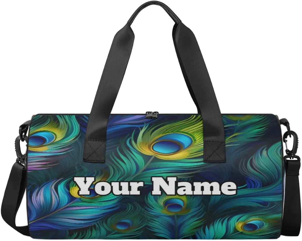 Custom Gym Bag for Women Men with Name, Personalized Colorful Feather Duffel Bag for Sports, Waterproof Dance Bag, Lightweight Carryon Gym Bag, Peacock