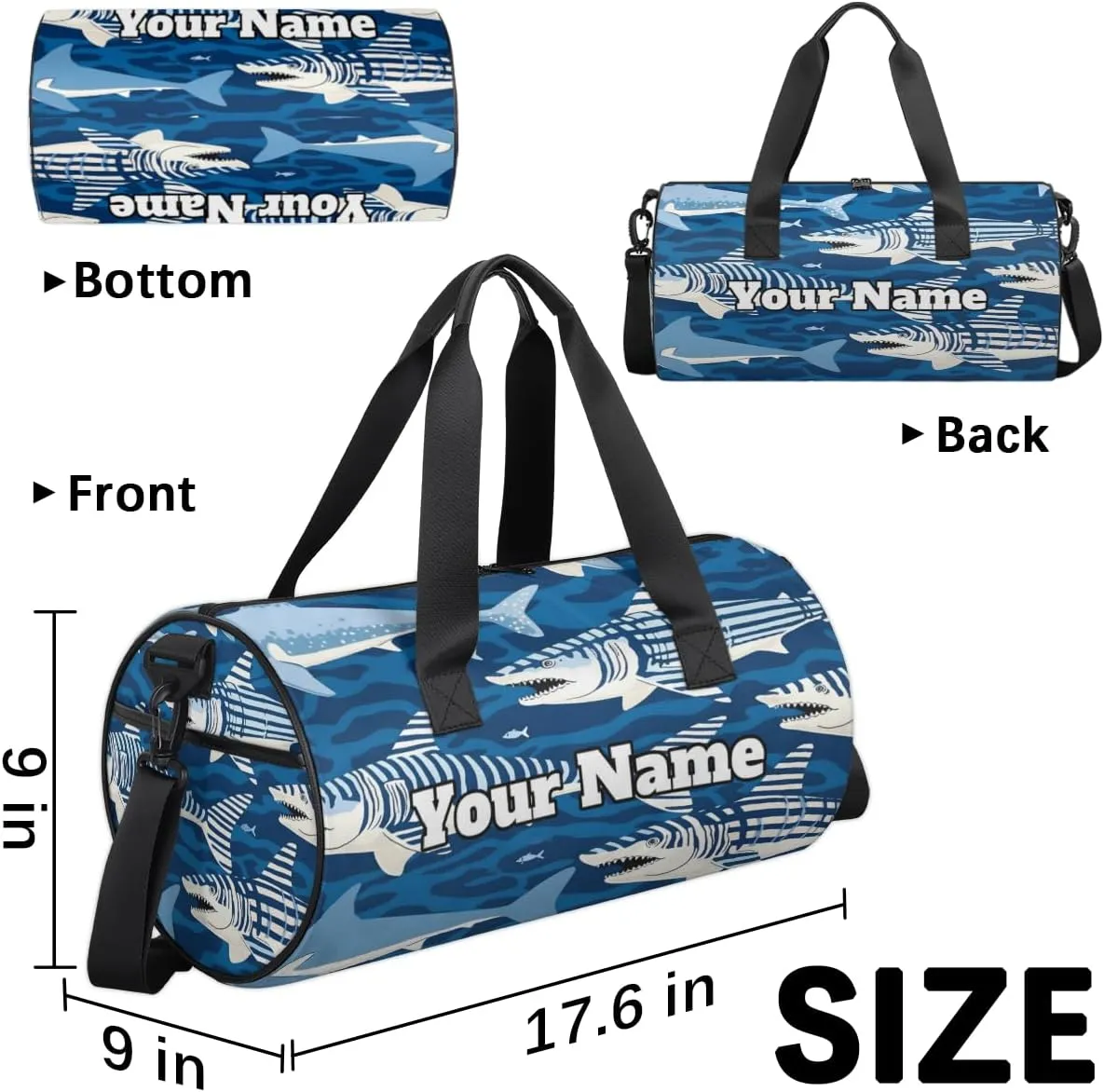Custom Gym Bag for Women Men with Name, Personalized Ocean Theme Duffel Bag for Sports, Waterproof Dance Bag, Lightweight Carryon Gym Bag, sharks