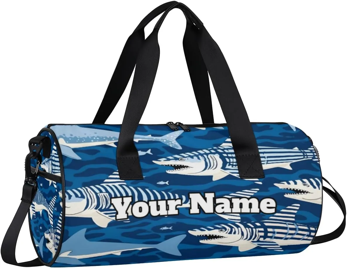 Custom Gym Bag for Women Men with Name, Personalized Ocean Theme Duffel Bag for Sports, Waterproof Dance Bag, Lightweight Carryon Gym Bag, sharks