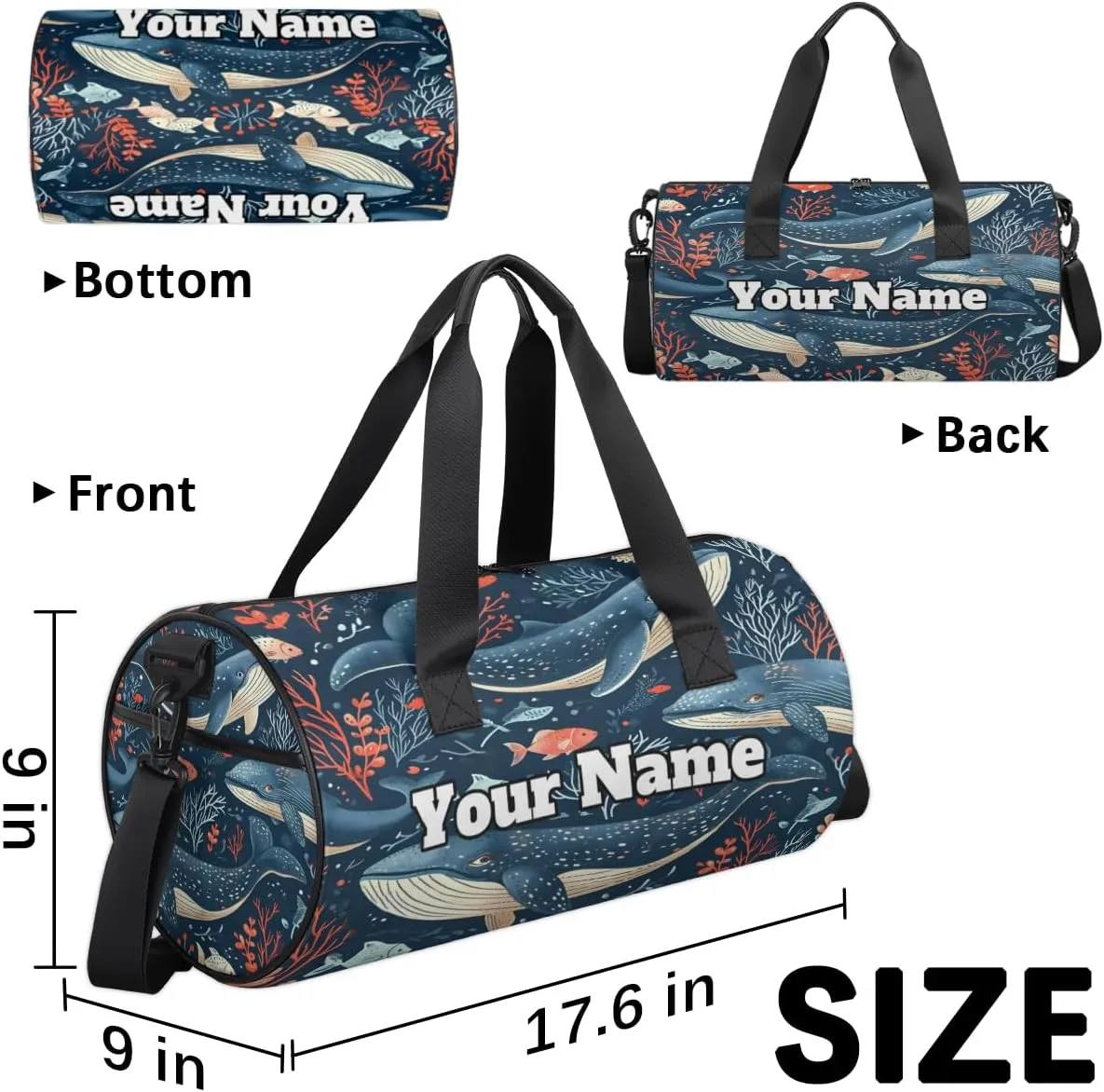 Custom Gym Bag for Women Men with Name, Personalized Sea Animals Duffel Bag for Sports, Waterproof Dance Bag, Lightweight Carryon Gym Bag, Killer Whale Orca