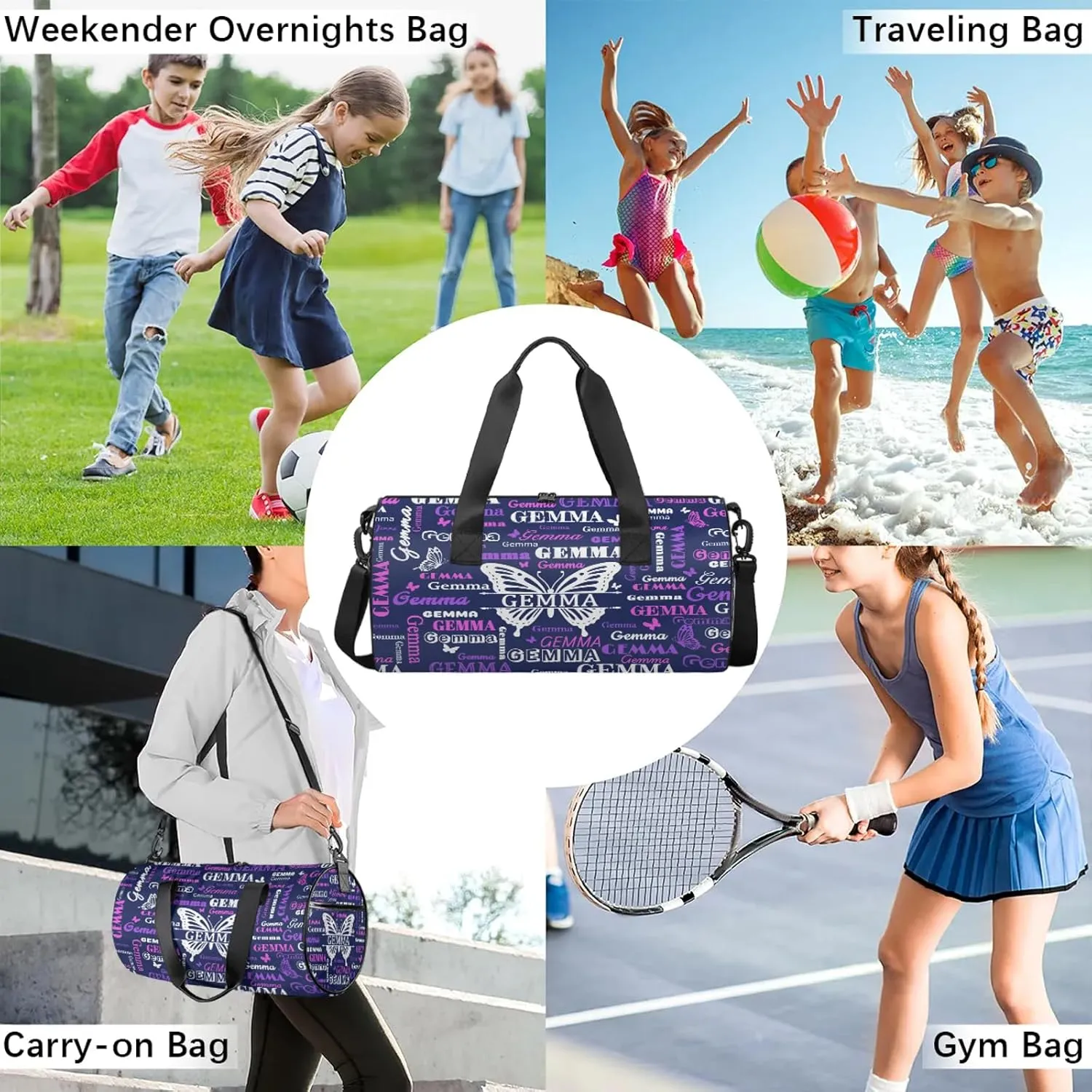Custom Sport Duffel Bag with Name Butterfly Round Travel Overnight Bag for Women Men Waterproof Dance Ballet Bag Lightweight 17.6in, Dark Blue
