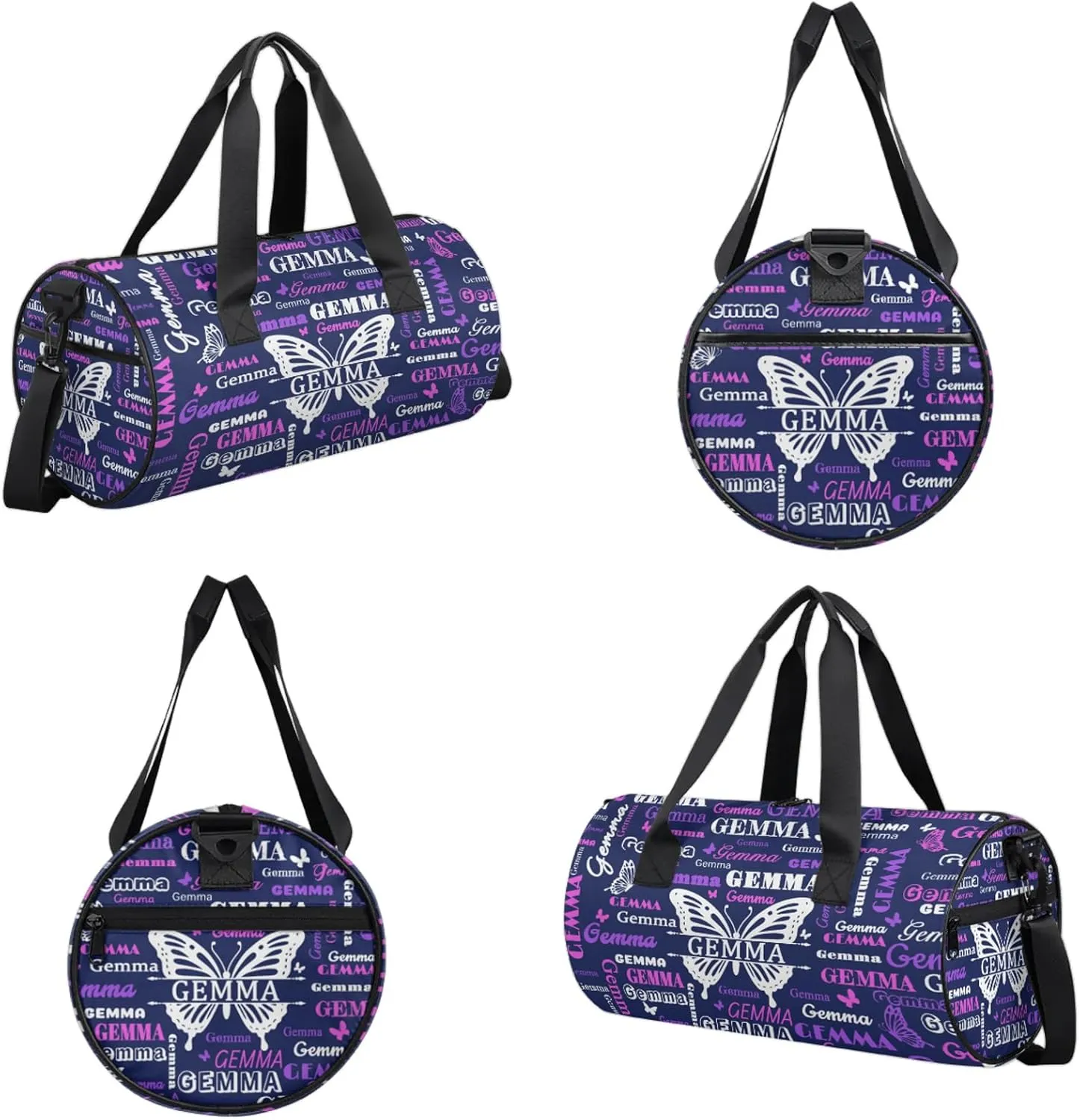 Custom Sport Duffel Bag with Name Butterfly Round Travel Overnight Bag for Women Men Waterproof Dance Ballet Bag Lightweight 17.6in, Dark Blue