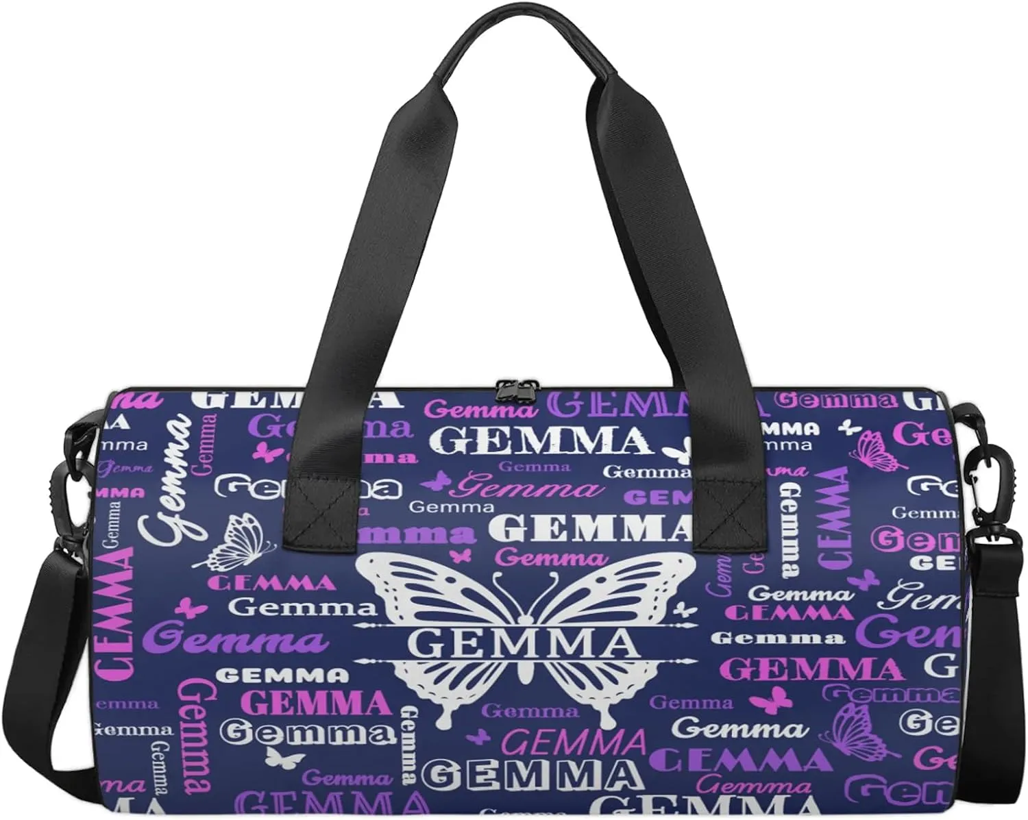Custom Sport Duffel Bag with Name Butterfly Round Travel Overnight Bag for Women Men Waterproof Dance Ballet Bag Lightweight 17.6in, Dark Blue