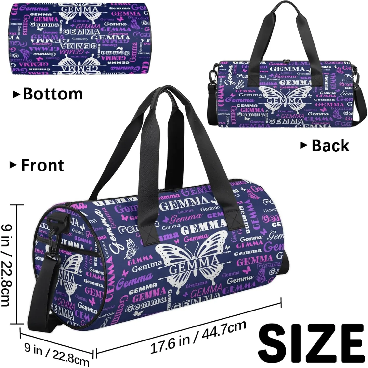 Custom Sport Duffel Bag with Name Butterfly Round Travel Overnight Bag for Women Men Waterproof Dance Ballet Bag Lightweight 17.6in, Dark Blue