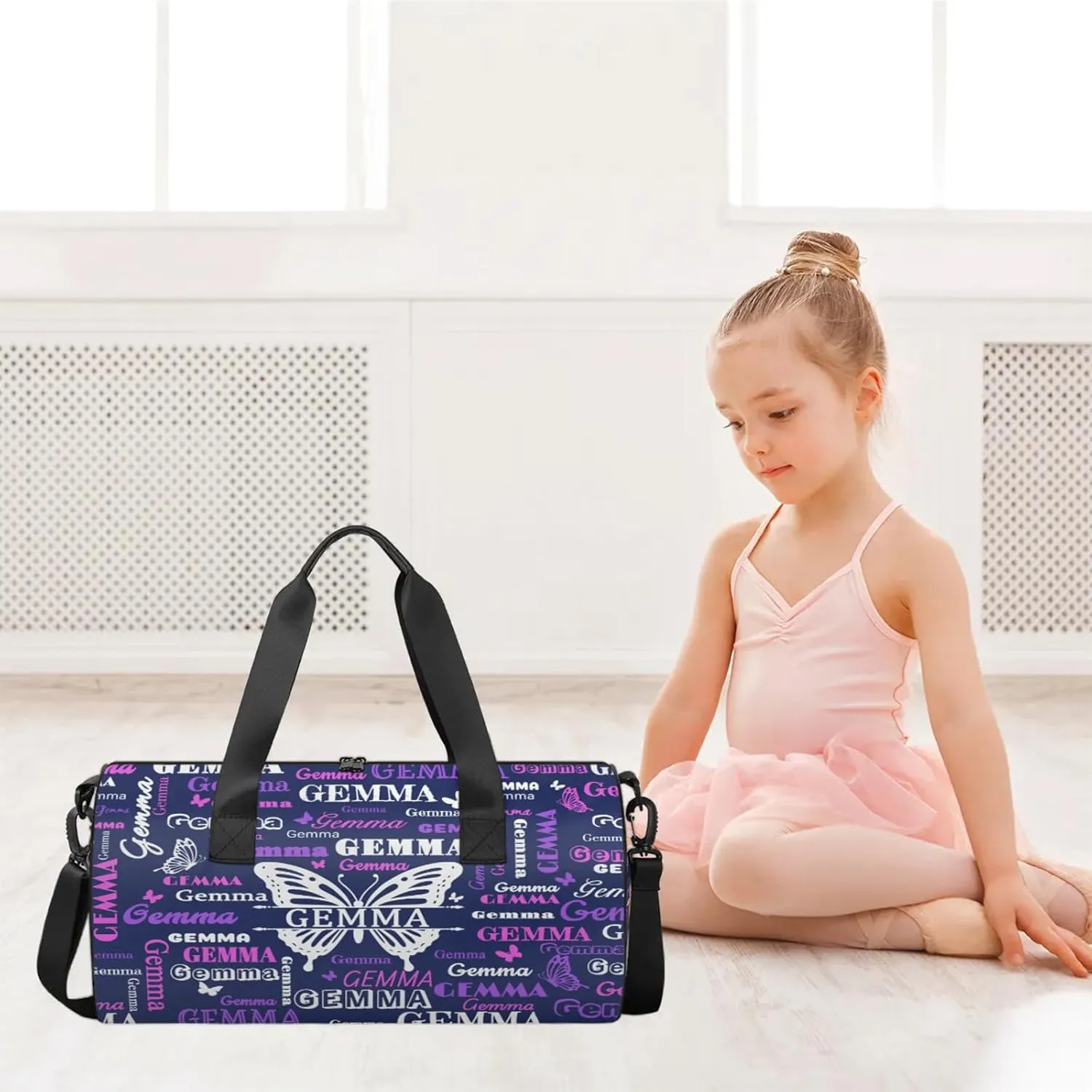Custom Sport Duffel Bag with Name Butterfly Round Travel Overnight Bag for Women Men Waterproof Dance Ballet Bag Lightweight 17.6in, Dark Blue