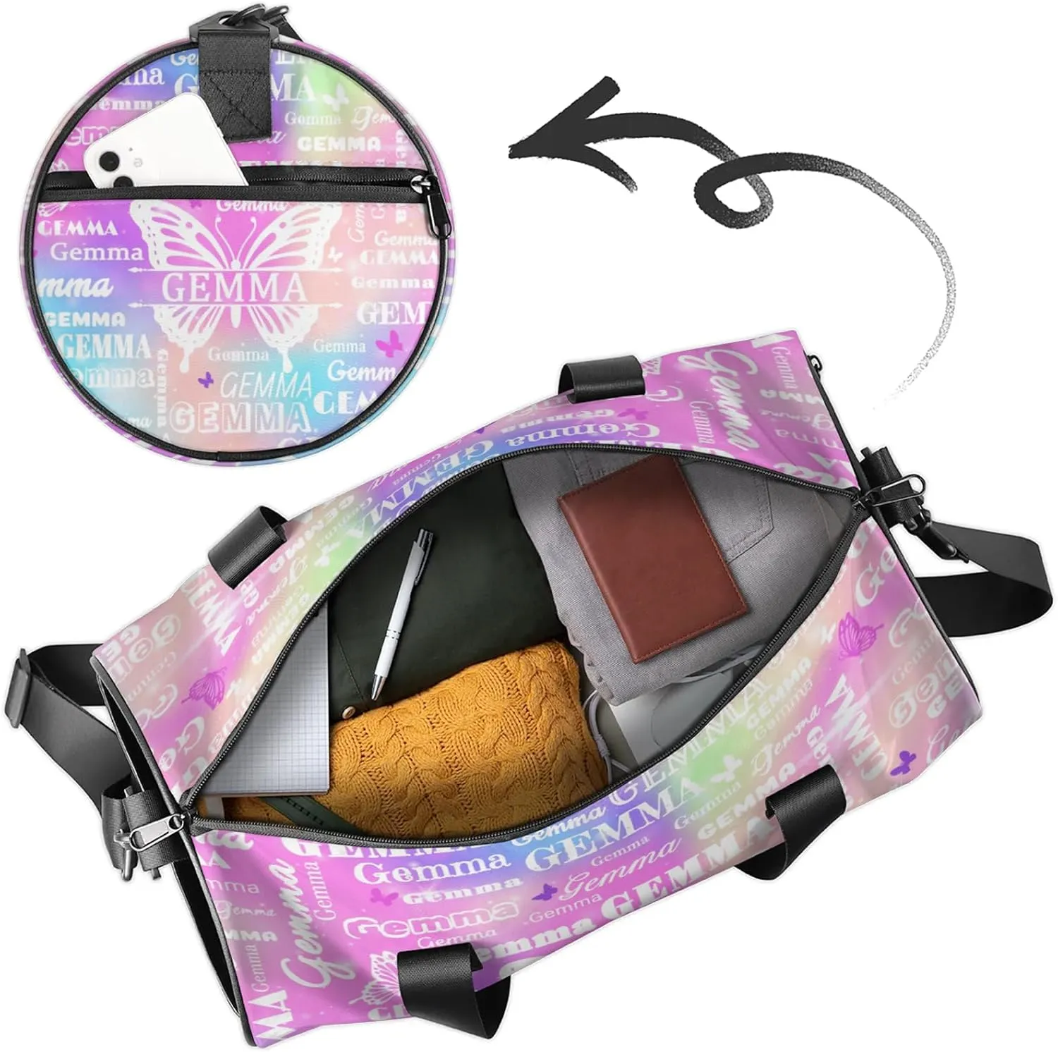 Custom Sport Duffel Bag with Name Butterfly Round Travel Overnight Bag for Women Men Waterproof Dance Ballet Bag Lightweight 17.6in, Rainbow Sparkly