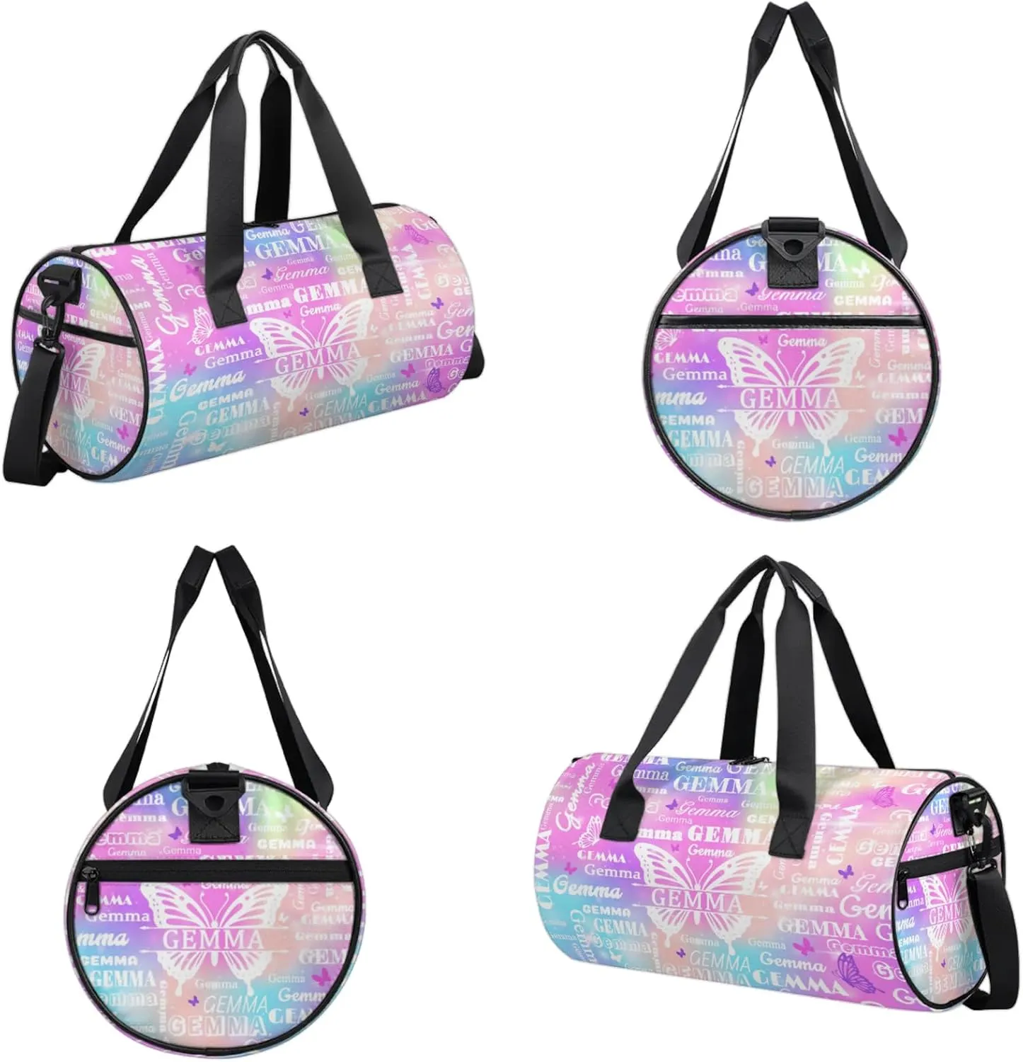 Custom Sport Duffel Bag with Name Butterfly Round Travel Overnight Bag for Women Men Waterproof Dance Ballet Bag Lightweight 17.6in, Rainbow Sparkly