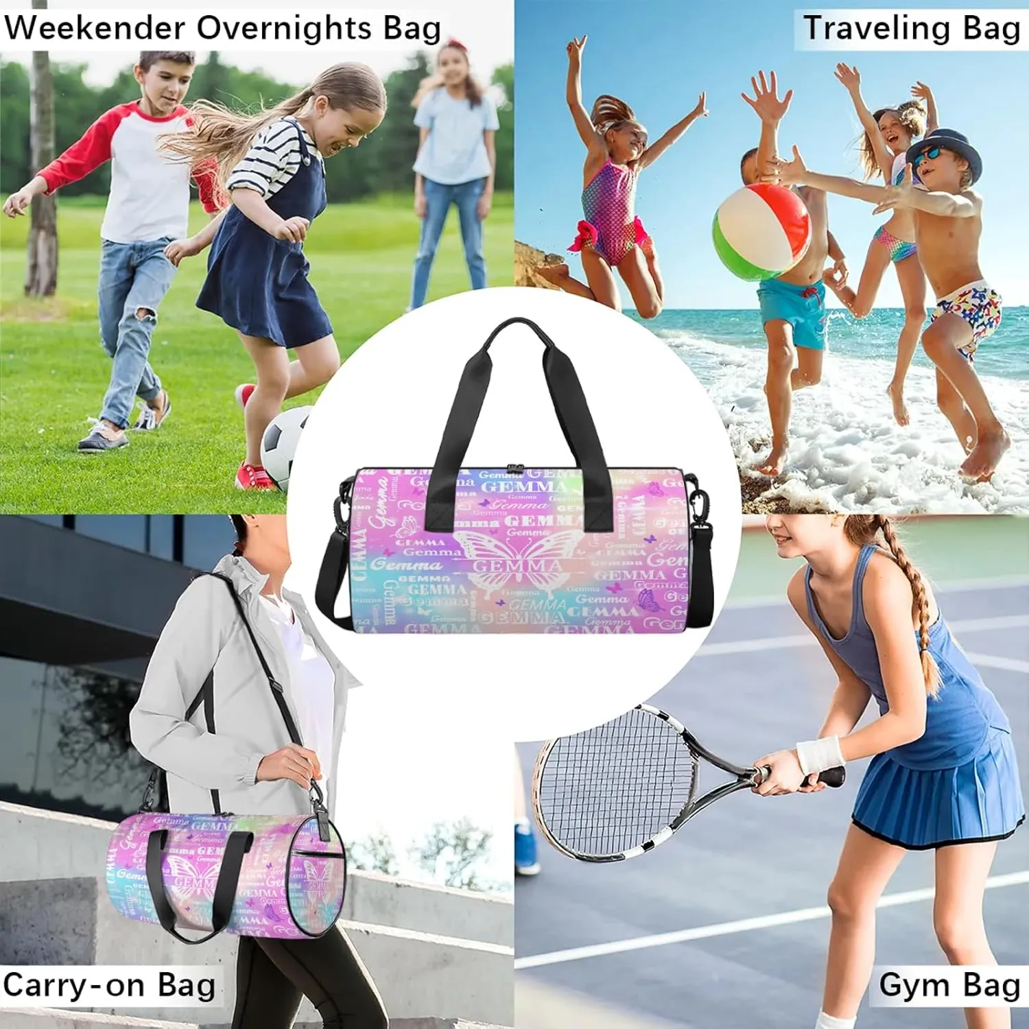 Custom Sport Duffel Bag with Name Butterfly Round Travel Overnight Bag for Women Men Waterproof Dance Ballet Bag Lightweight 17.6in, Rainbow Sparkly