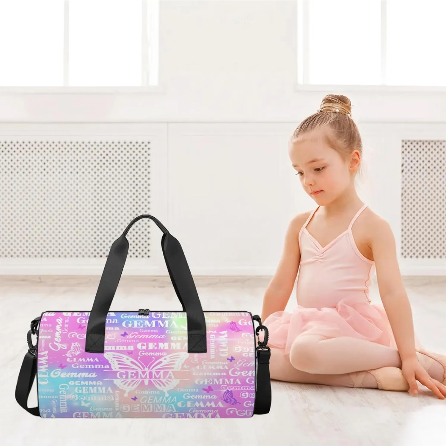 Custom Sport Duffel Bag with Name Butterfly Round Travel Overnight Bag for Women Men Waterproof Dance Ballet Bag Lightweight 17.6in, Rainbow Sparkly