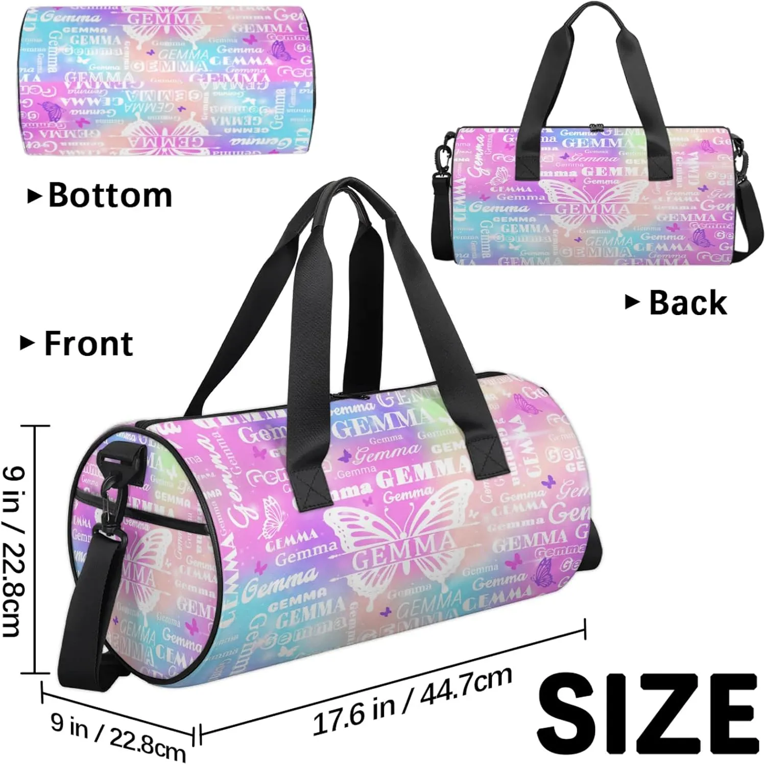 Custom Sport Duffel Bag with Name Butterfly Round Travel Overnight Bag for Women Men Waterproof Dance Ballet Bag Lightweight 17.6in, Rainbow Sparkly